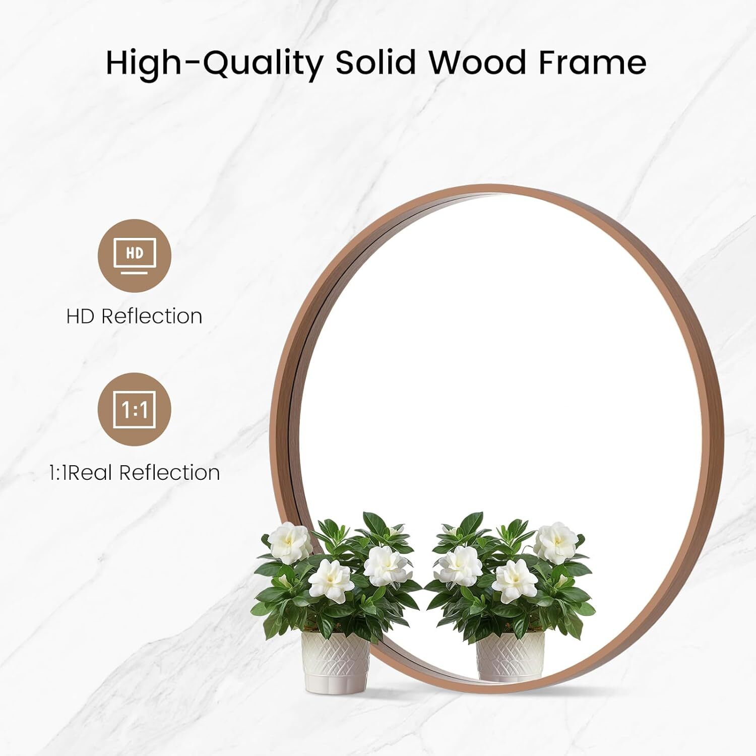 Pine Bordered Round Mirror with Wood Frame 24-Inch Bathroom Round Wall Mirror