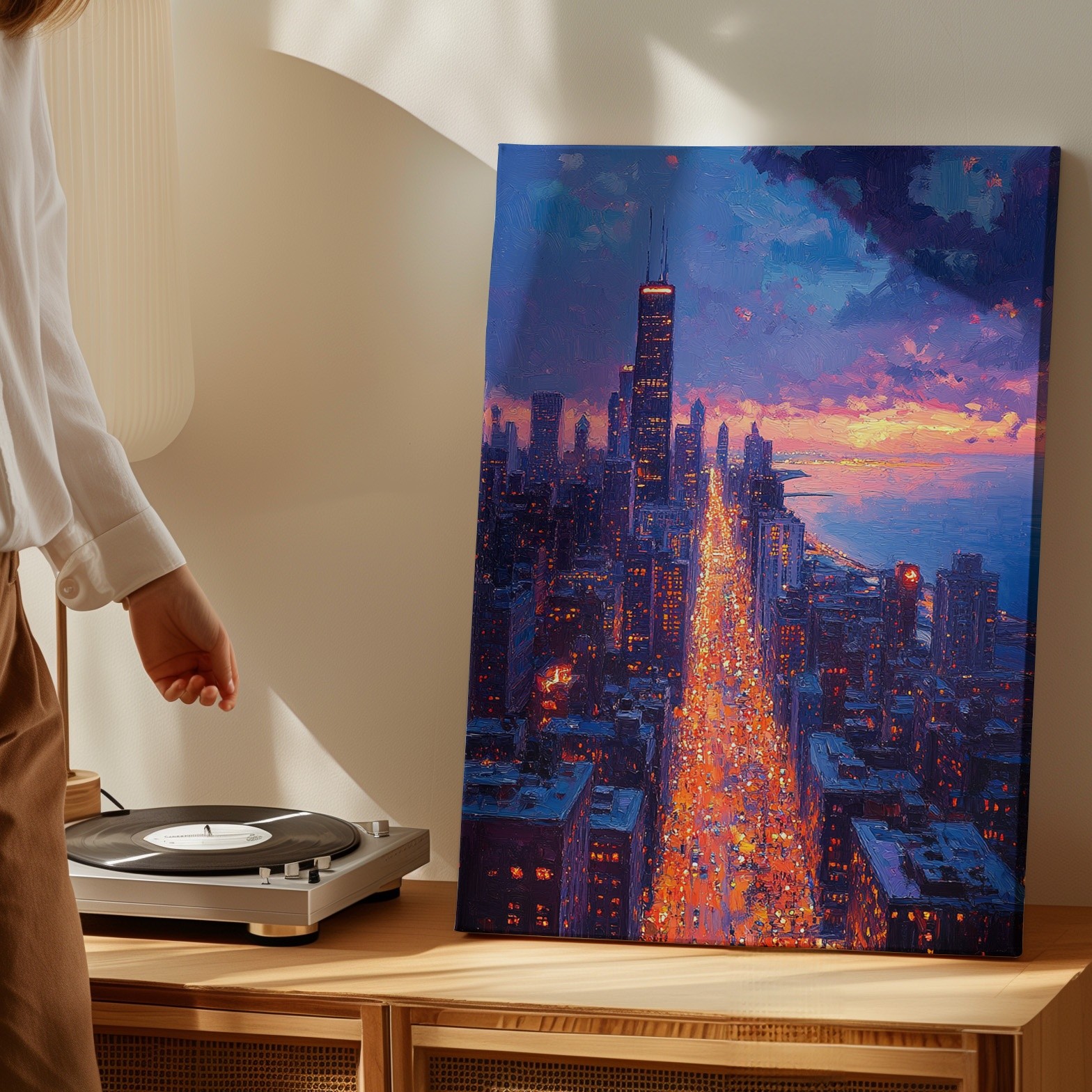 Cityscape Canvas Wall Art Chicago Skyline Sunset Illuminated Street Urban Print