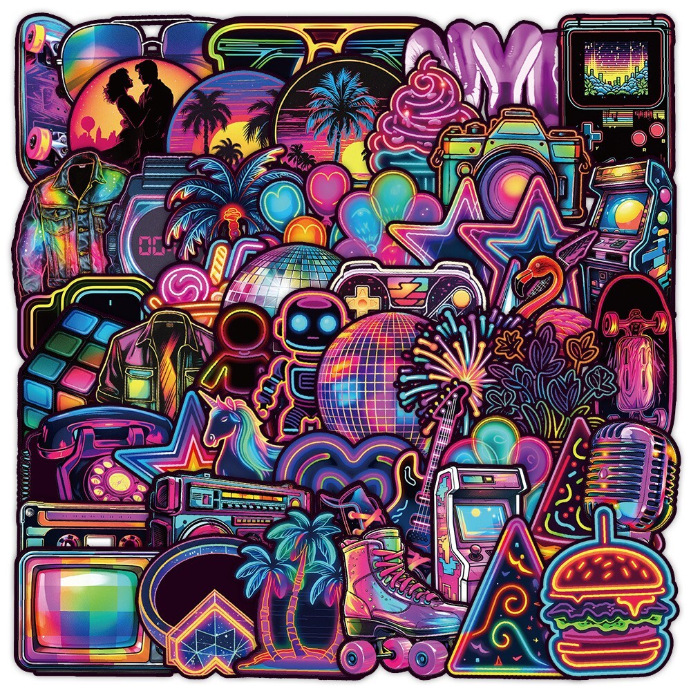 50 Pcs Stickers Variety Neon Style Skateboard Luggage Phone Car Helmet Decal