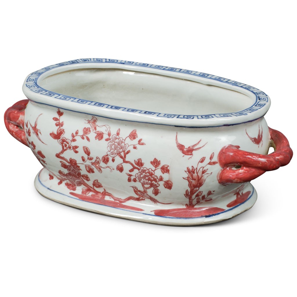 US SELLER – Red White Chinoiserie Bird Flower Porcelain Footbath Planter