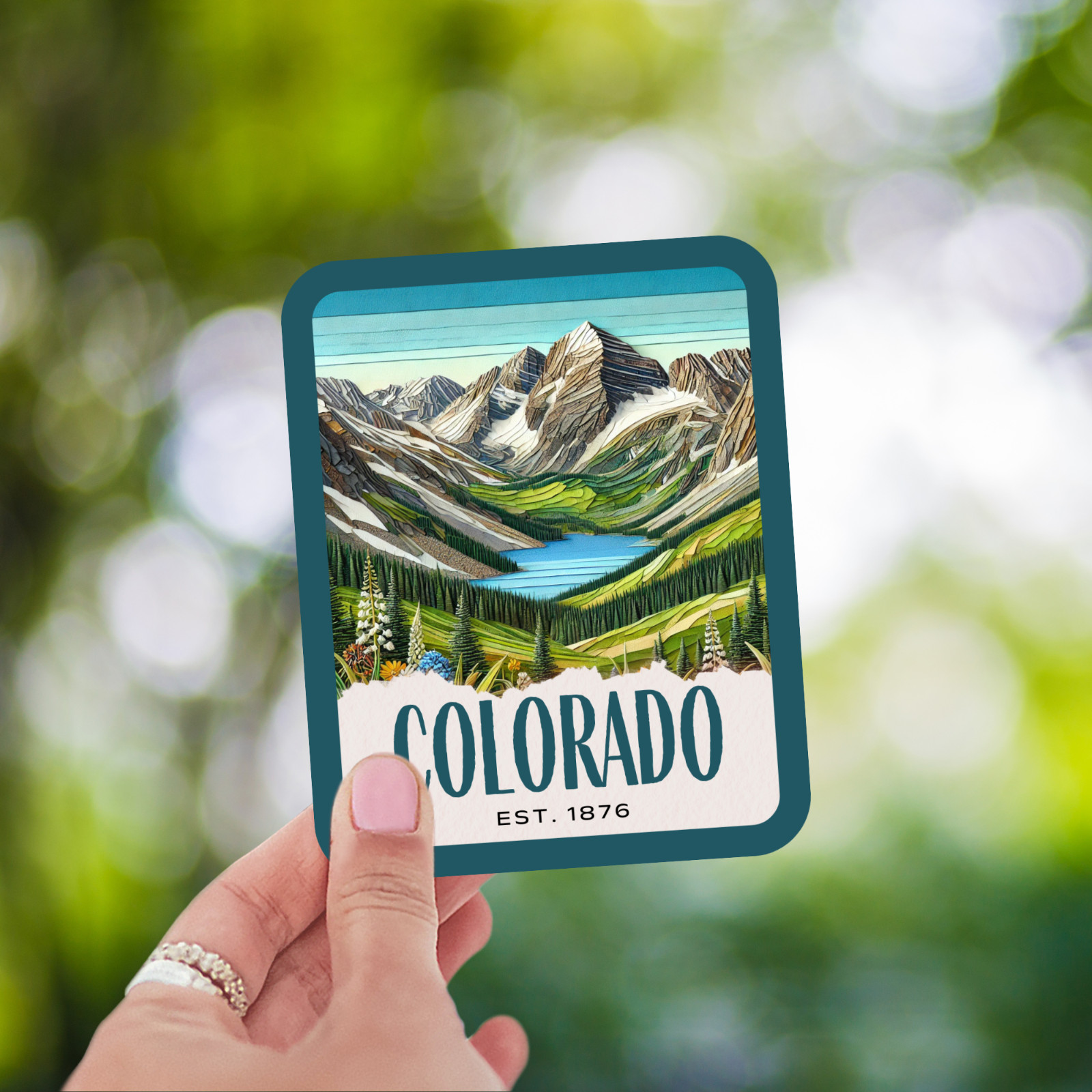 Colorado State Sticker, Paper Collage Look, Rocky Mountain NP Vinyl Decal
