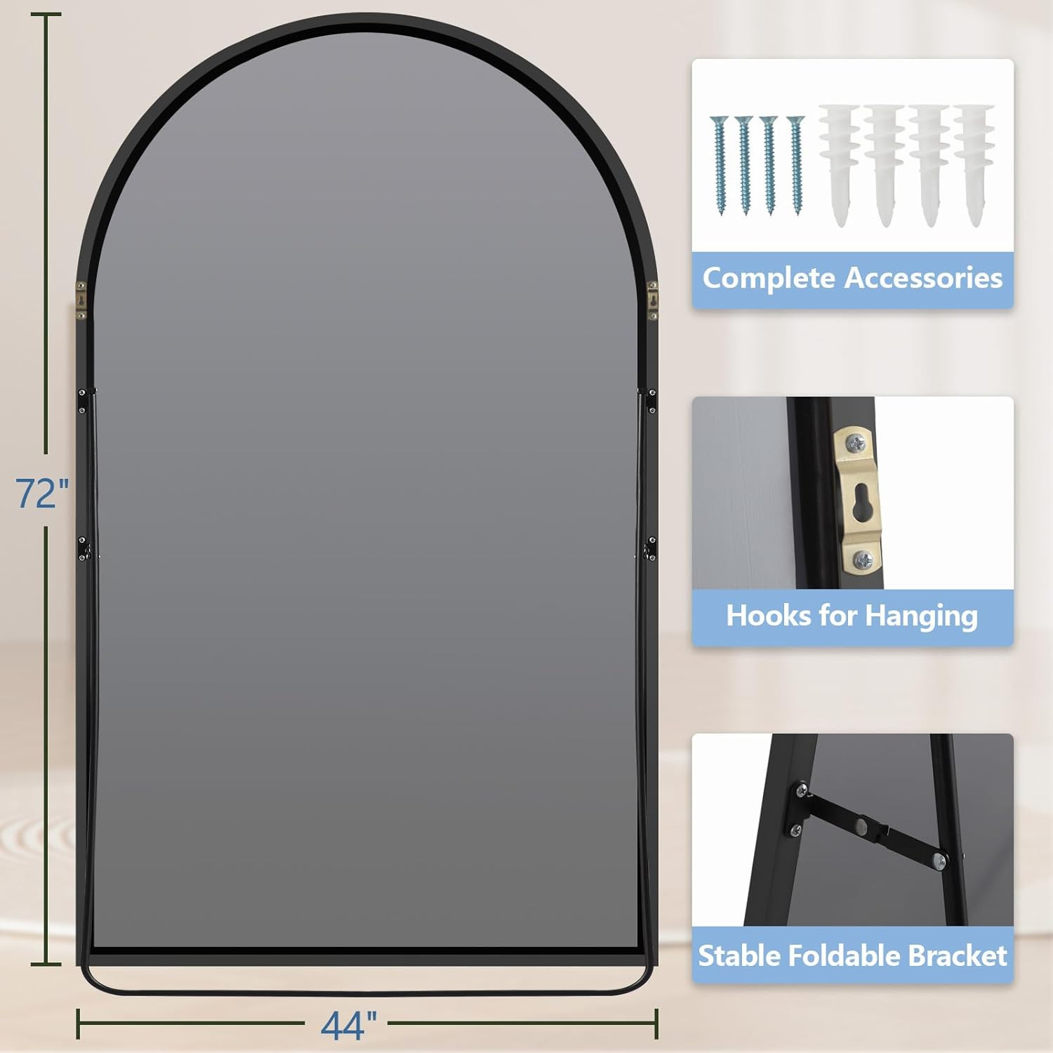 72″ Extra Large Arch Floor Mirror – Black Glass & Aluminum Frame