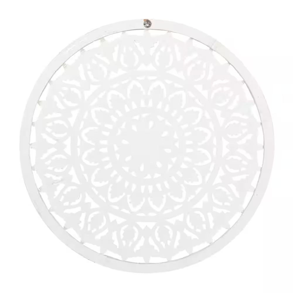 36 In. X 36 In. Wood White Handmade Intricately Carved Floral Wall Decor with Ma