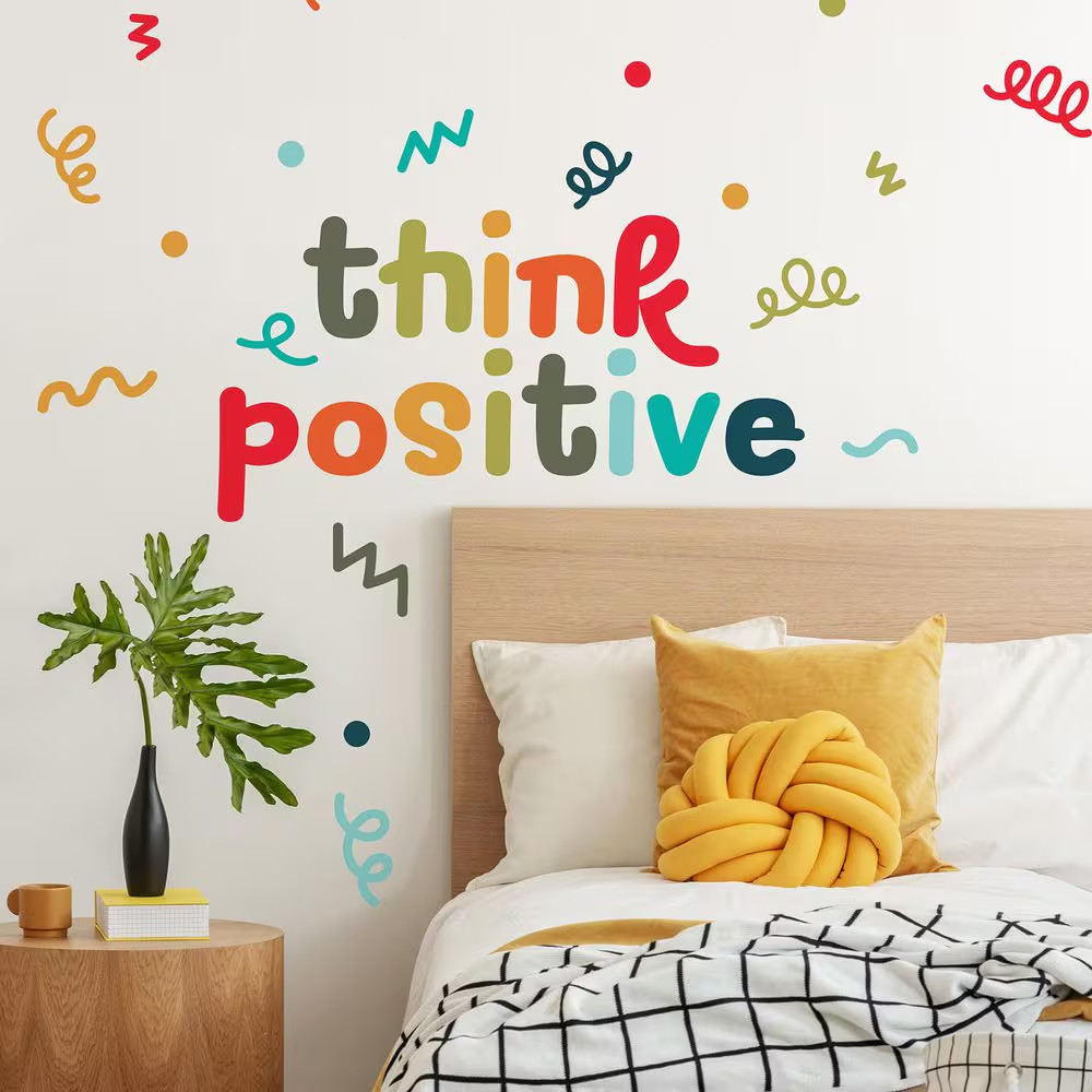 23-Piece 29.98 In. X 16 In. Think Positive Multicolor Red Wall Quote Decals