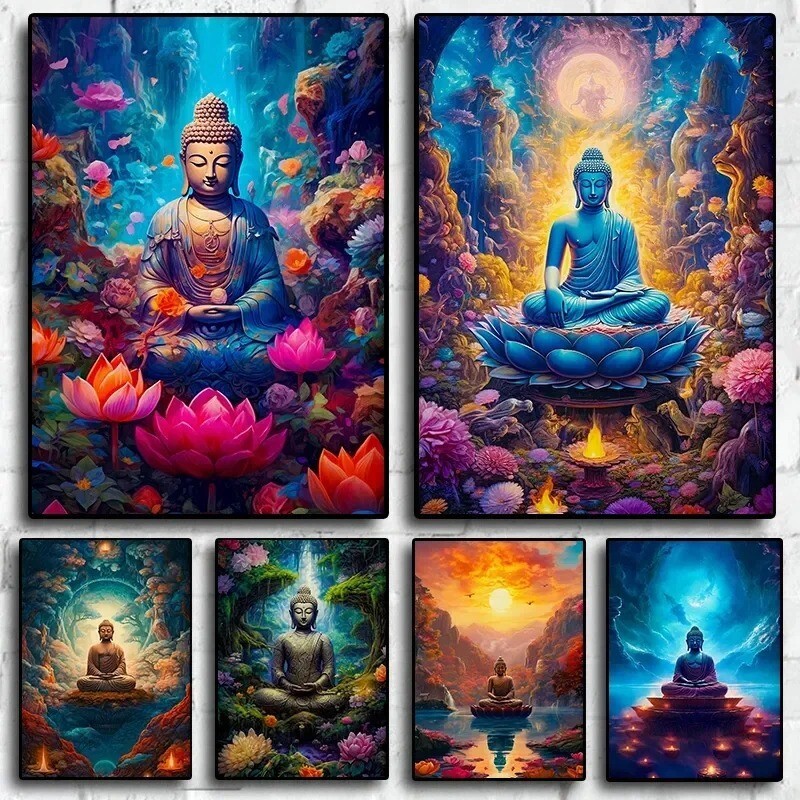 Stone Ancient Buddha Meditation Wall Art | Serene Landscape Canvas Print | Zen H