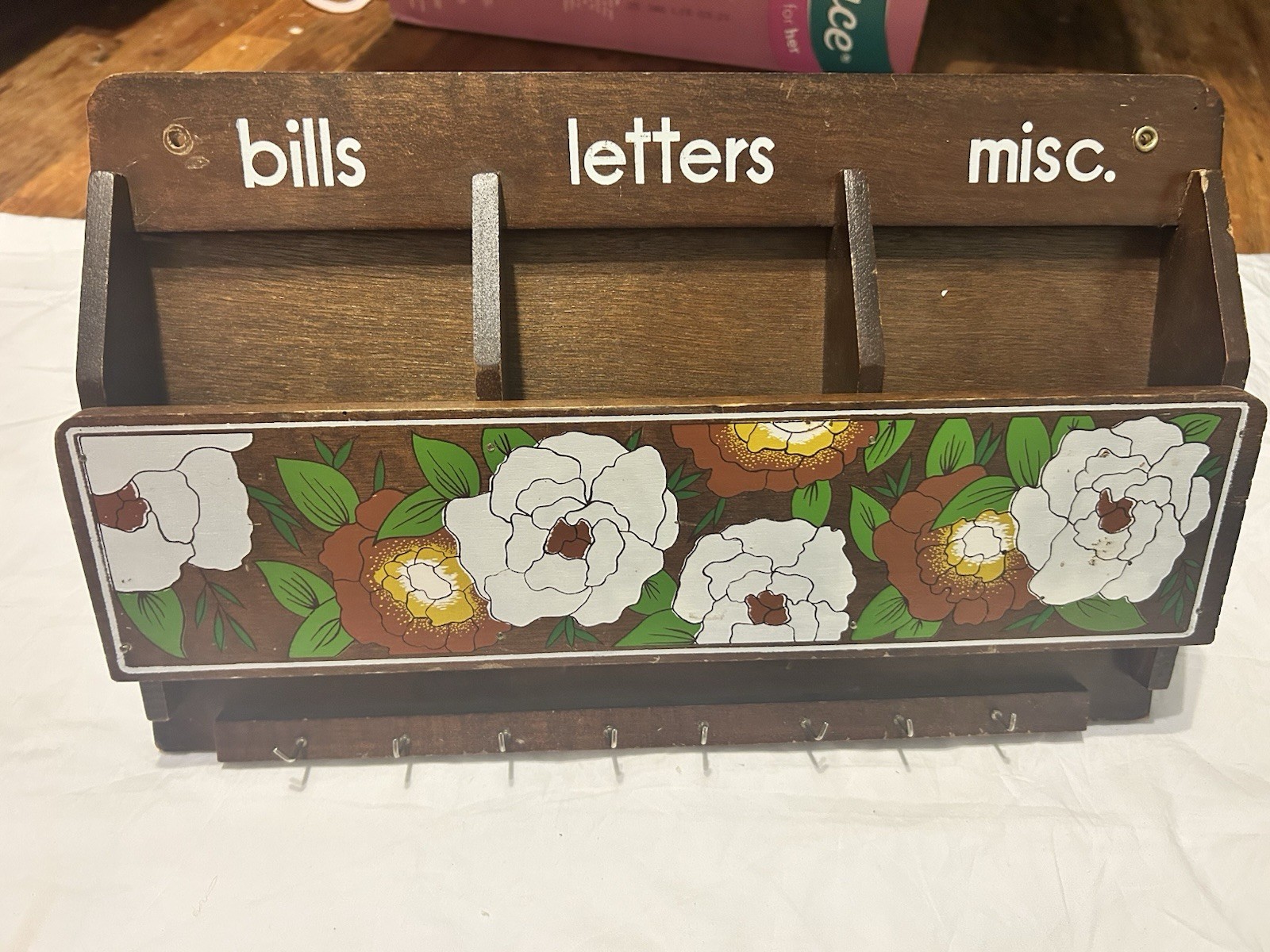 Vintage Wooden Mail Organizer Key Holder Bills Letters Misc Floral Wall Rack