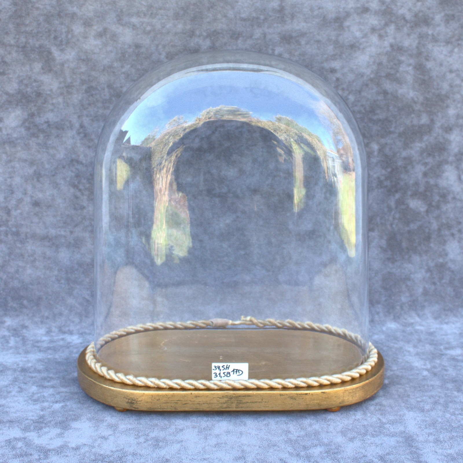 Vintage Glass Cloche 34,5 x 31,5 x 17 cm Dome with Wood Base 13.58 x 12.40 x 6.6