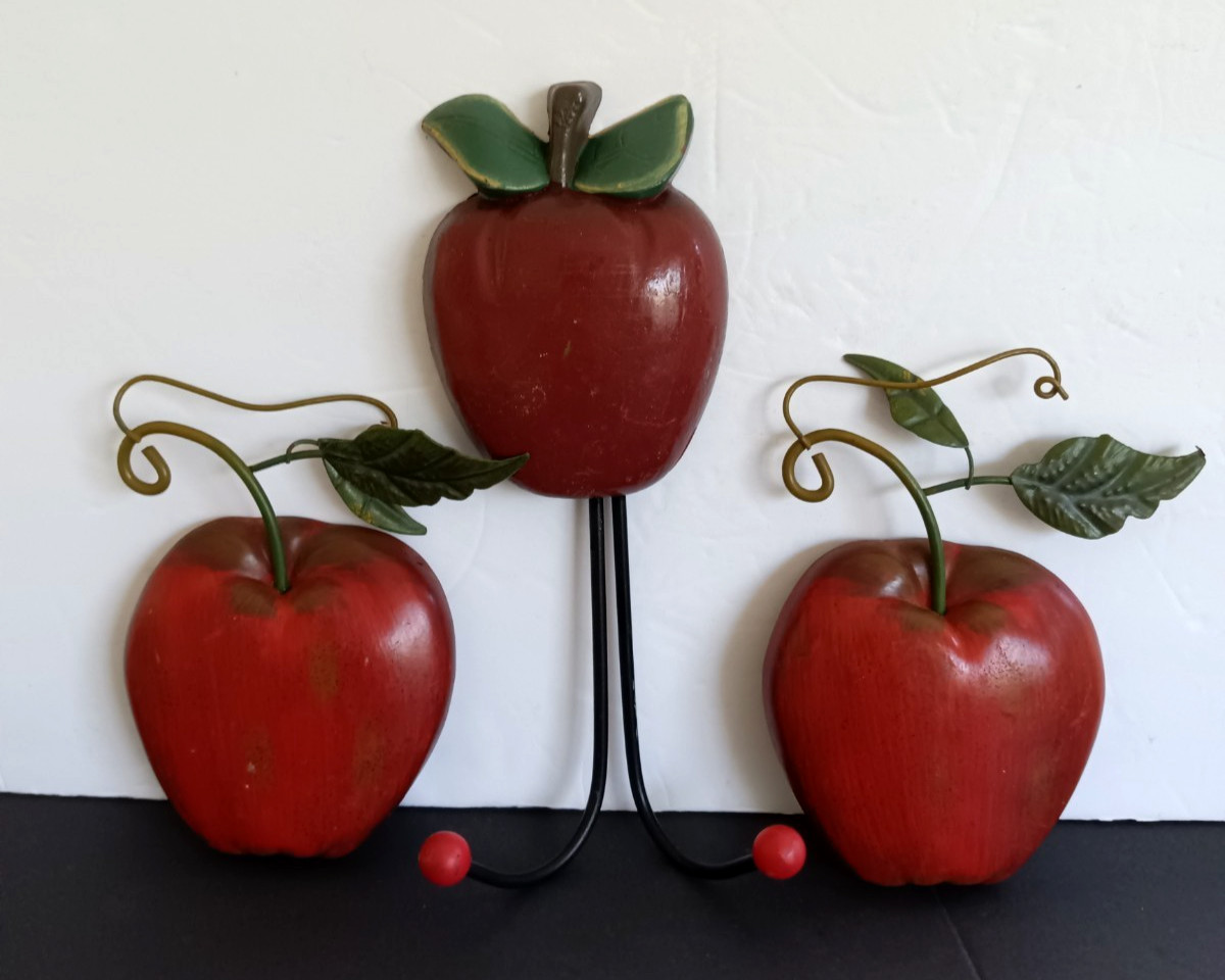 Vintage Apple Wall Hooks Set Kitchen Decor Red Fruit Coat Rack Farmhouse Country