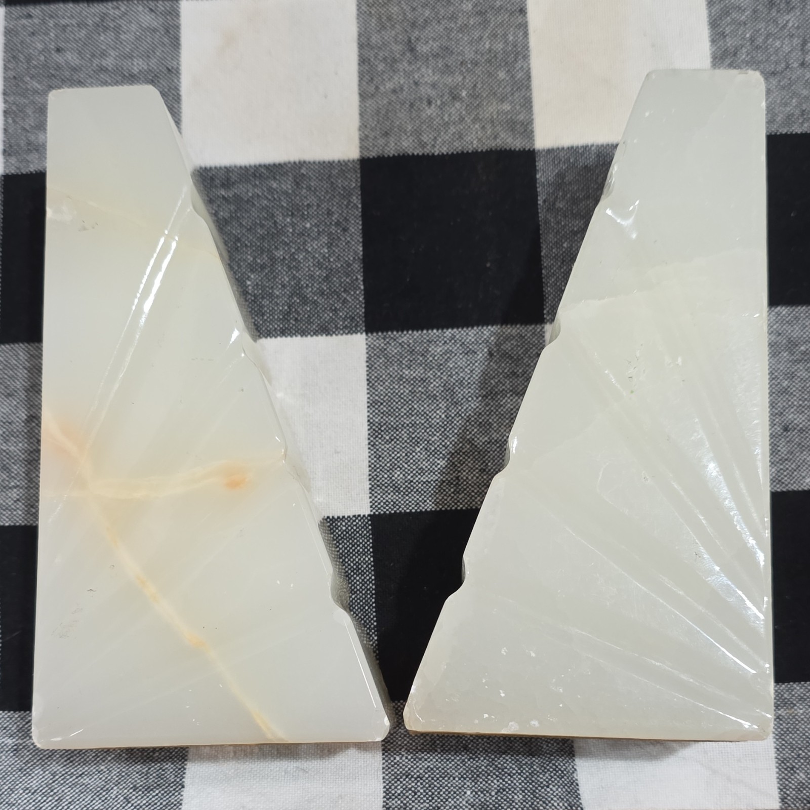 White Polished Stone(Onyx?) Bookends Pair Geometric, Smooth 6″. 4 pounds total