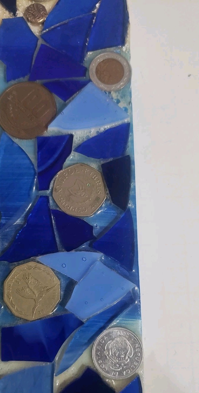 Handcrafted Blue Glass Mosaic Mirror Wood Frame Inlaid With Rare Coins & Emblems