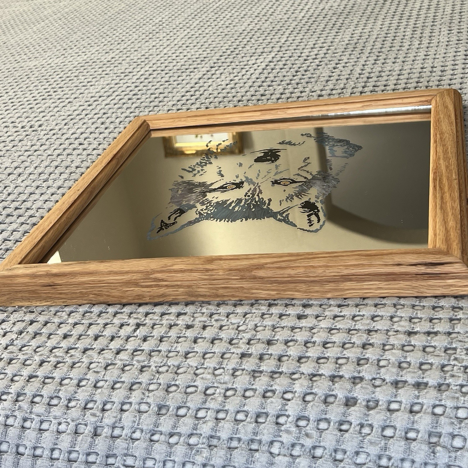 1999 OOAK Wolf Mirror Custom Made Etched & Painted in Wooden Frame 13.5” x 13.5”