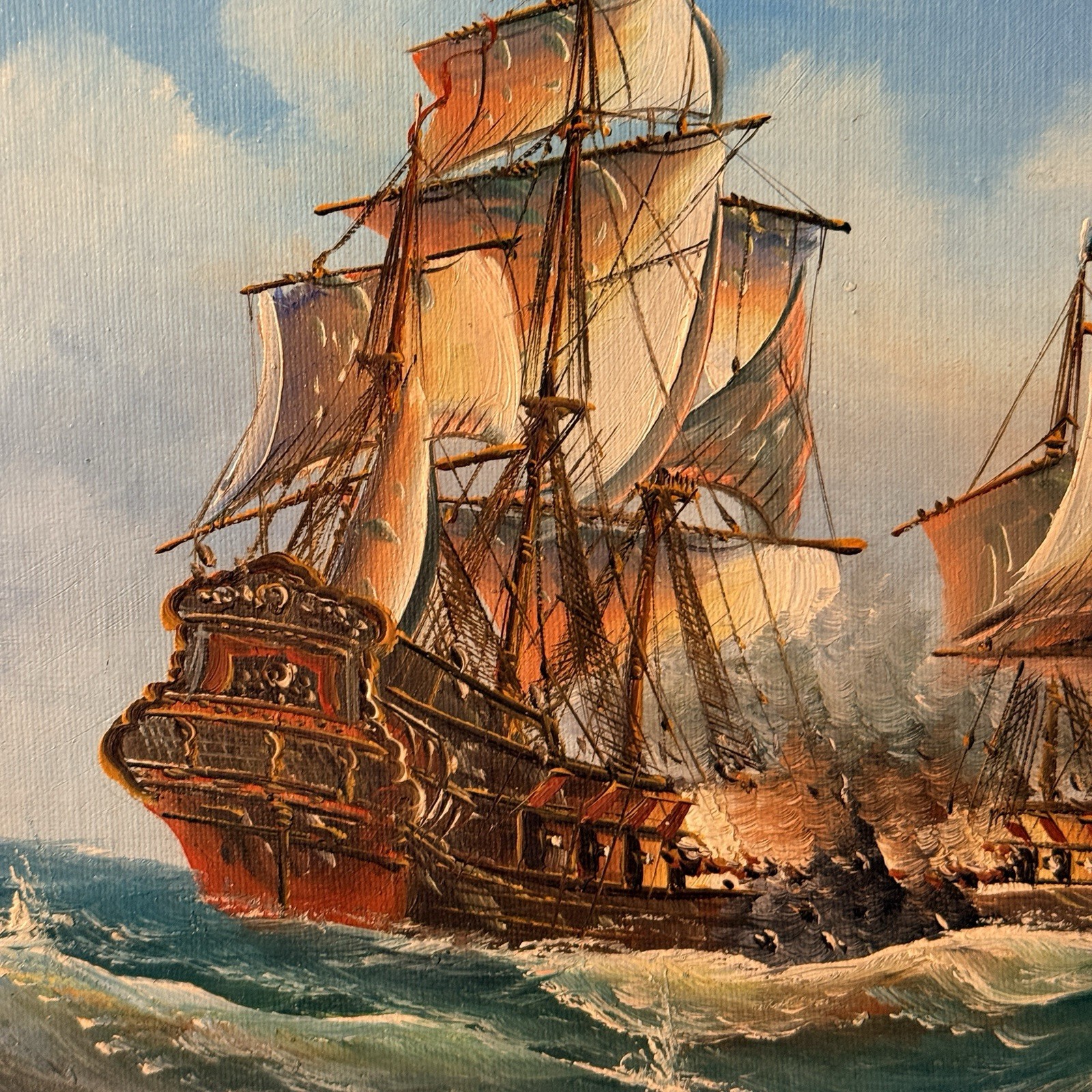 Vintage J. Harvey Original Maritime Oil Painting — 18th Century Tall Ships