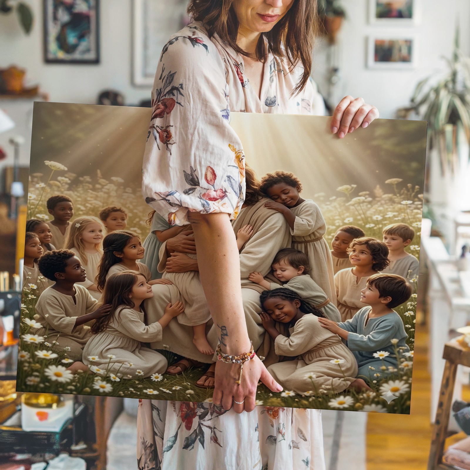 Jesus with Children Canvas Wall Art Christian Inspirational Religious Wall Decor