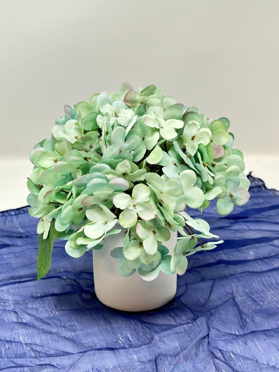 6.5″ Artificial BLUE-GREEN HYDRANGEA faux Silk flower, smooth matte ceramic pot
