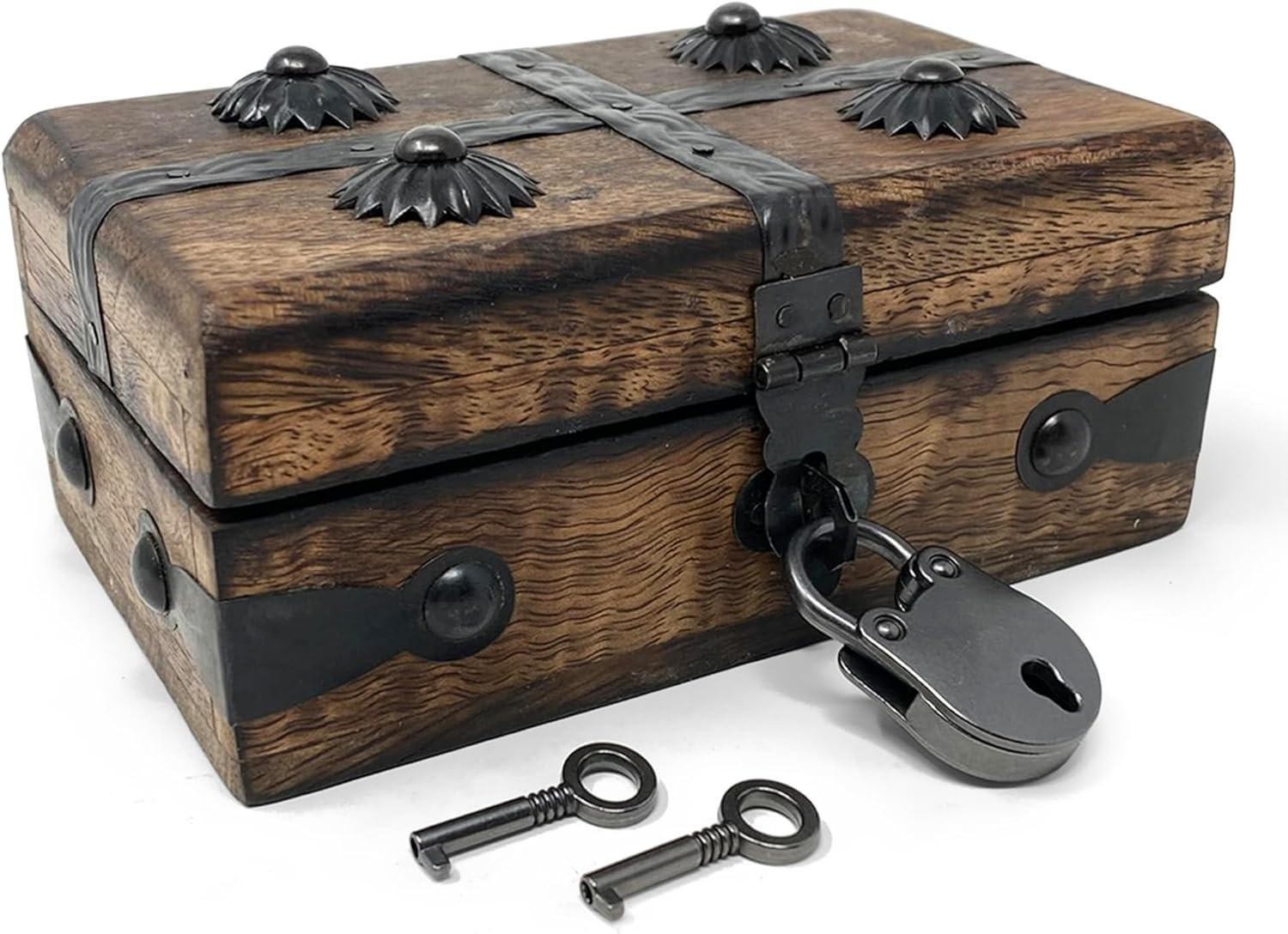Nautical Cove Treasure Chest Wooden Box with Antique Iron Lock and Skeleton Key
