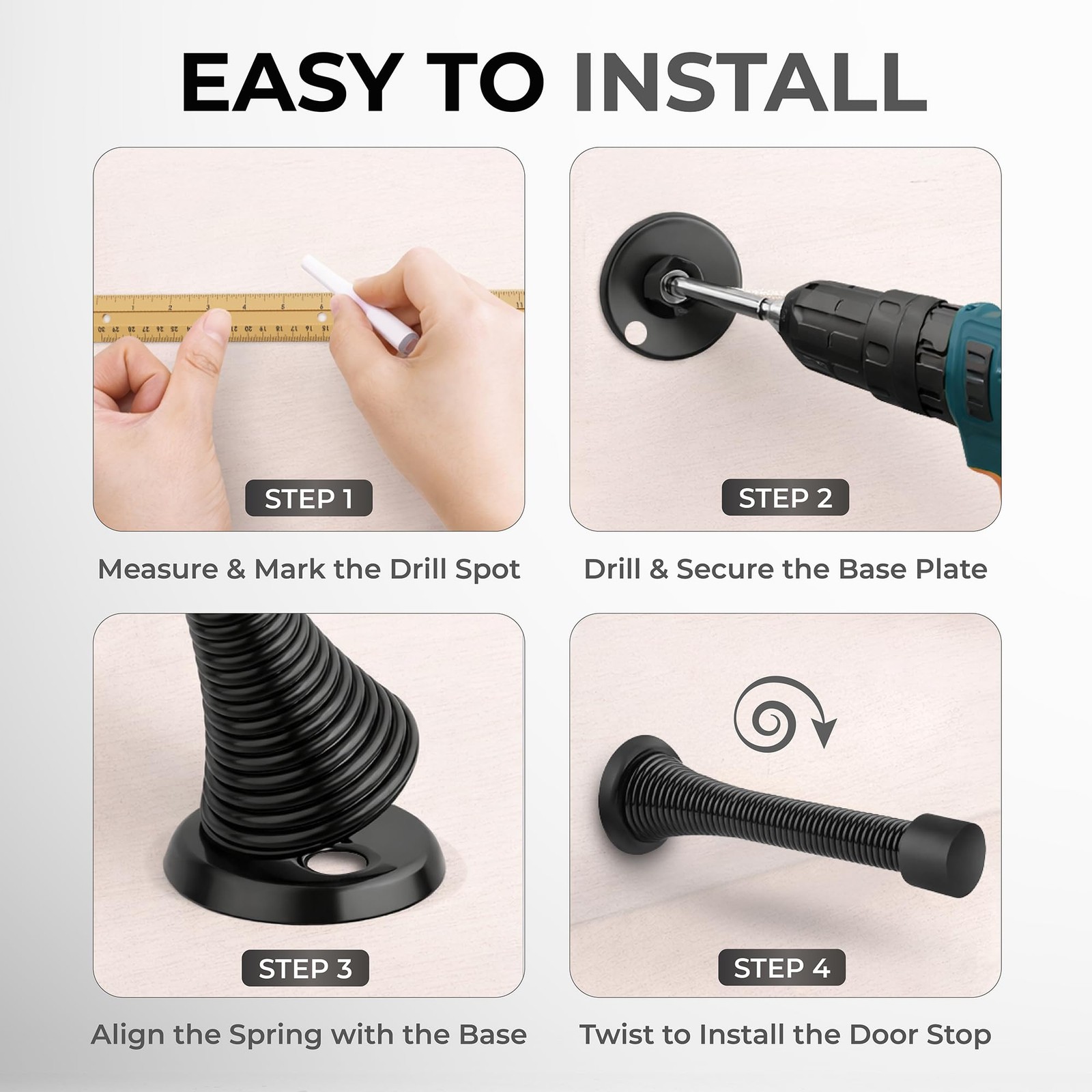 Spring Door Stopper –1 Matt Blk -Pack Wall – Easy Installation…