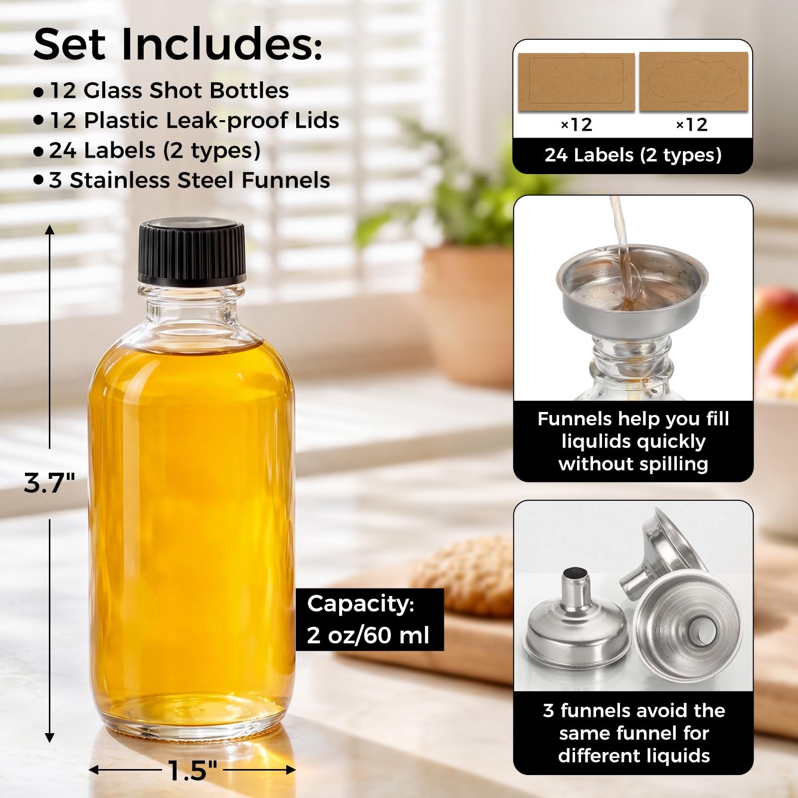 AOZITA 12 Pack, 2 oz Small Clear Glass Bottles w/Lid & 3 Funnels – 60ml