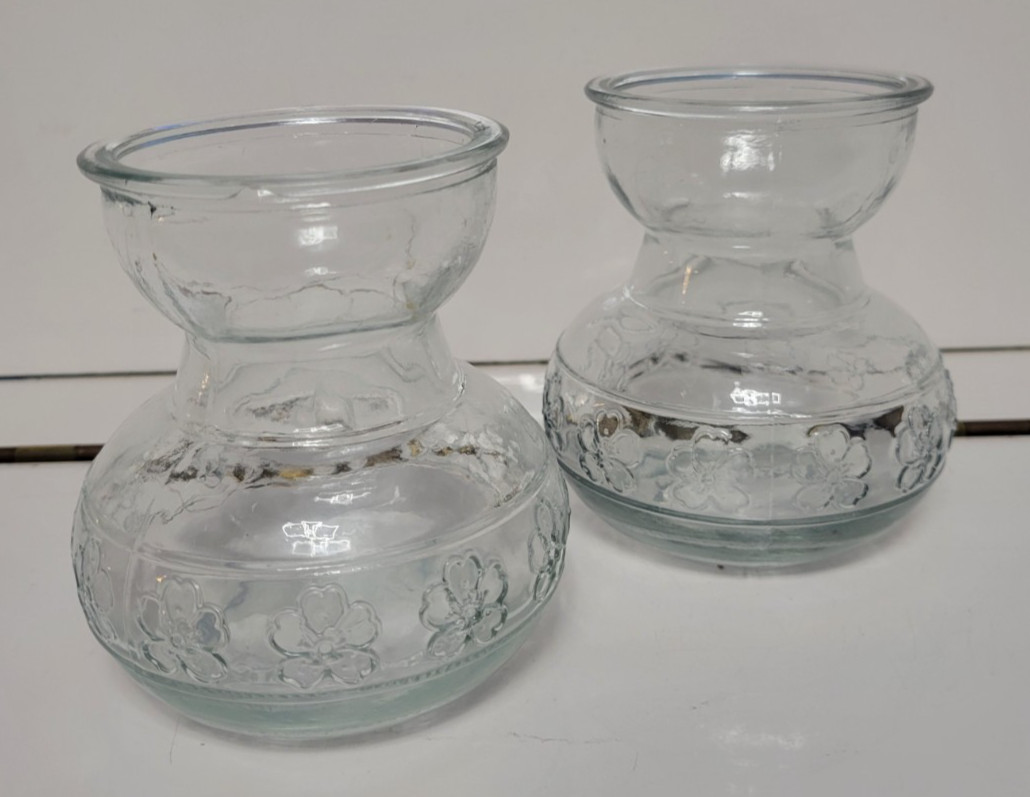 3 CLEAR GLASS ROUND VASES EMBOSSED WITH 4 LEAF CLOVERS 4 INCHES