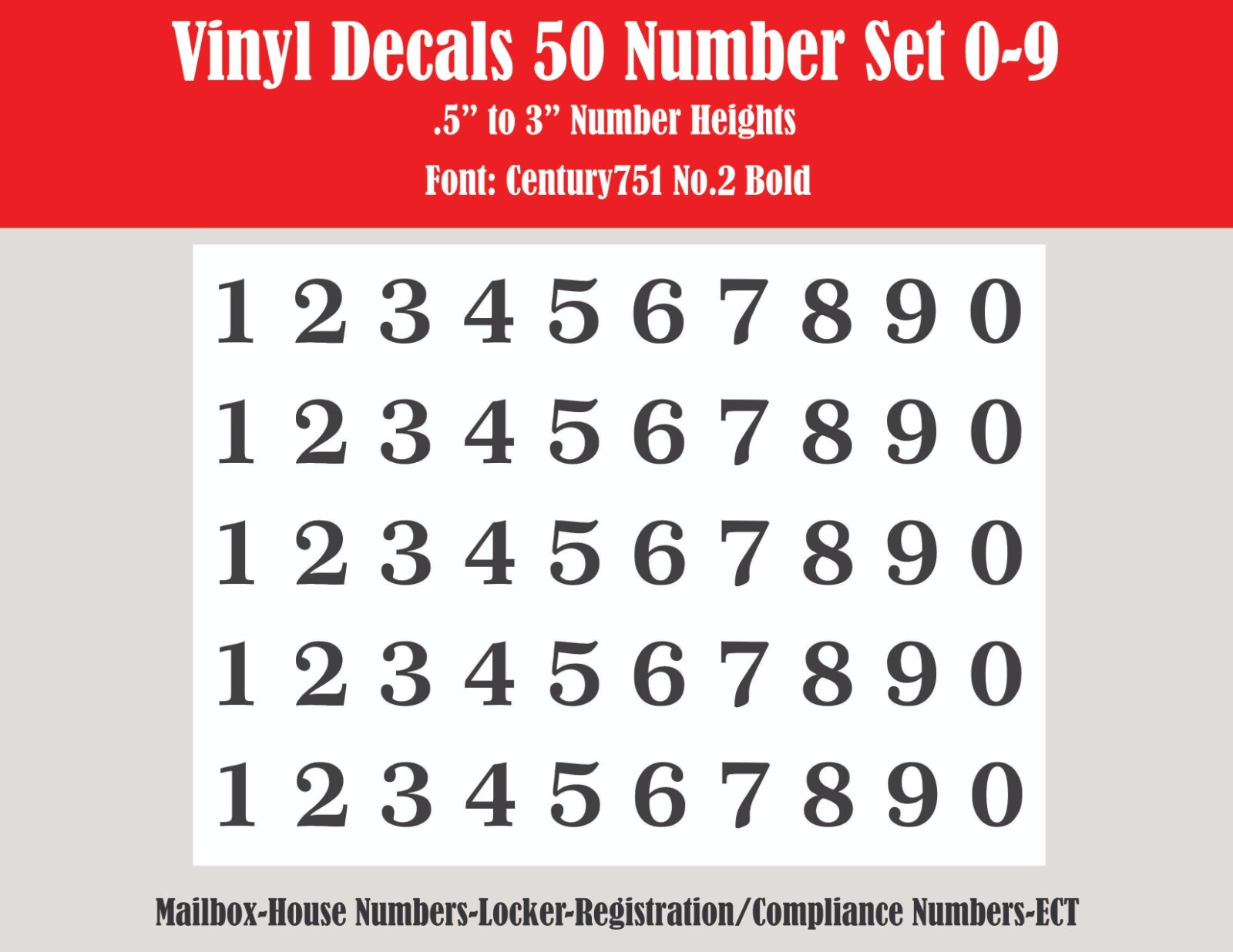 Vinyl Decals 50 Pack Numbers 0-9 Sizes .5″ – 3″ Letter Height 31+ Colors
