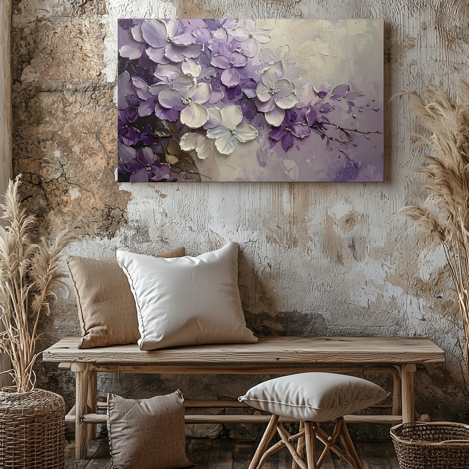 Pastel White Flowers Dreamy Lilac Whisper Impasto Textured Tones Canvas Wall Art