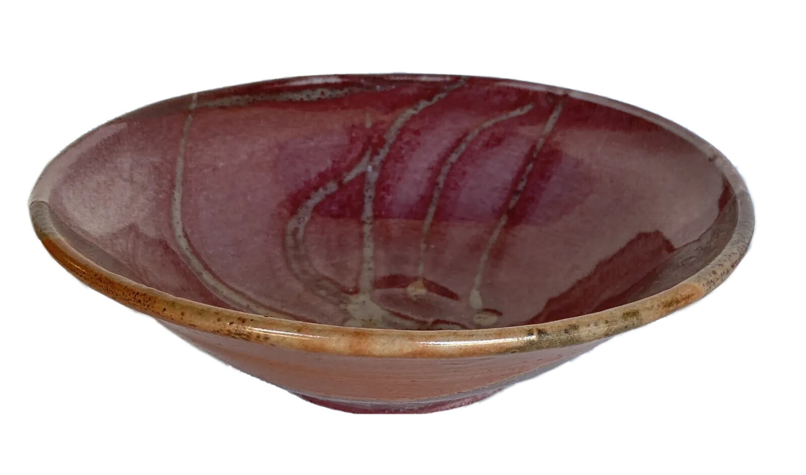 8-1/4″ Wide Studio Art Pottery Bowl Maroon & Brown, Signed JM8