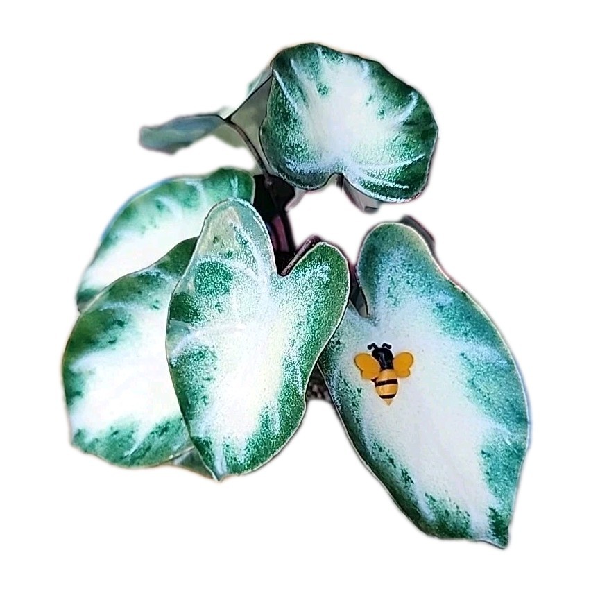 Vintage Enameled Metal Faux Variegated Alocasia Plant W Glazed Brown Pot *READ*