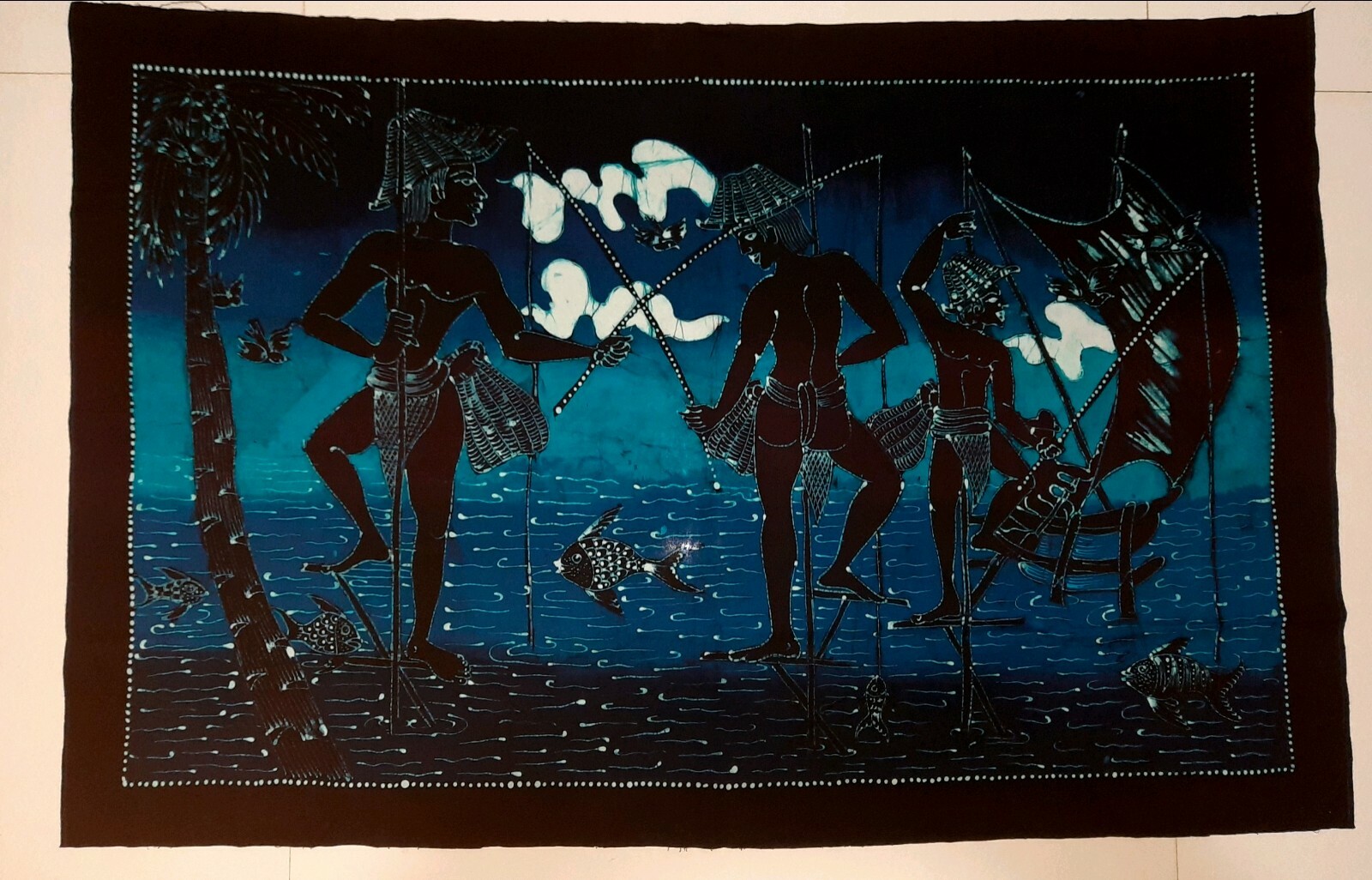 Wall Hanging Art Traditional Fishing Hand Painted Fabric Home Decor Poste