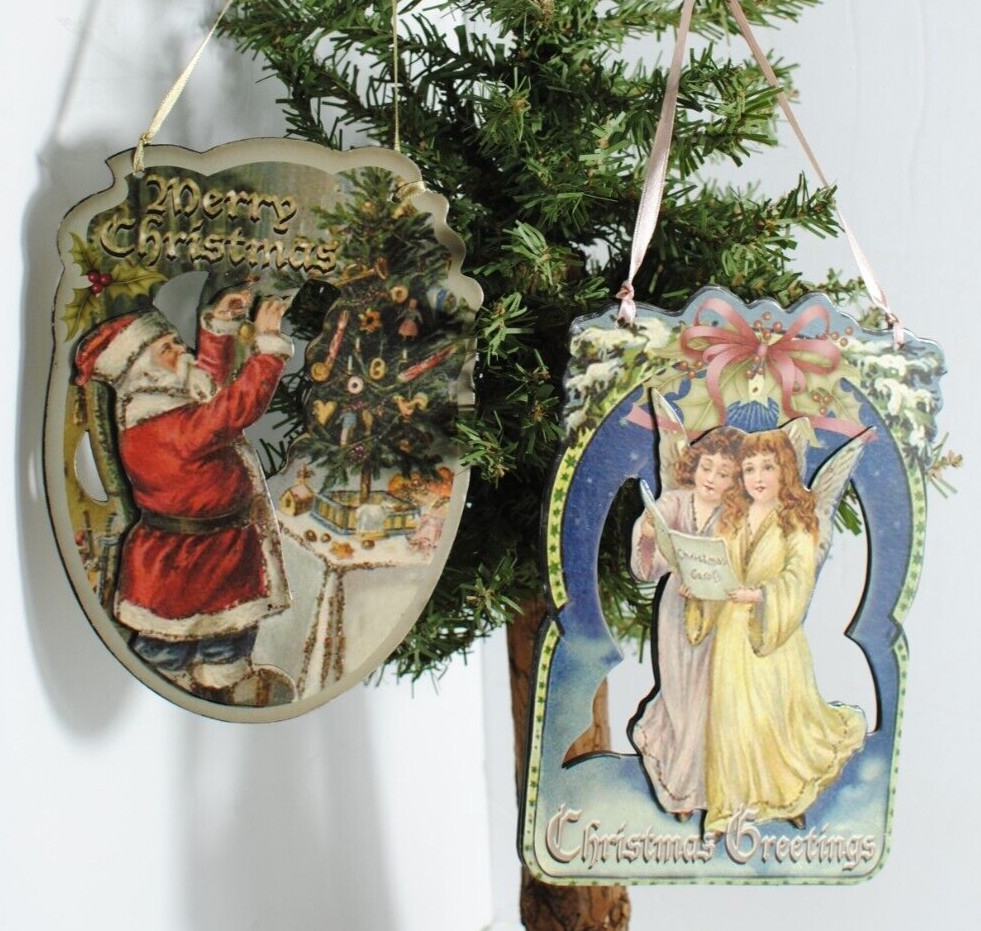 Vintage Santa and Angels Hanging 8in on Ribbon Victorian Christmas Sign Lot of 2