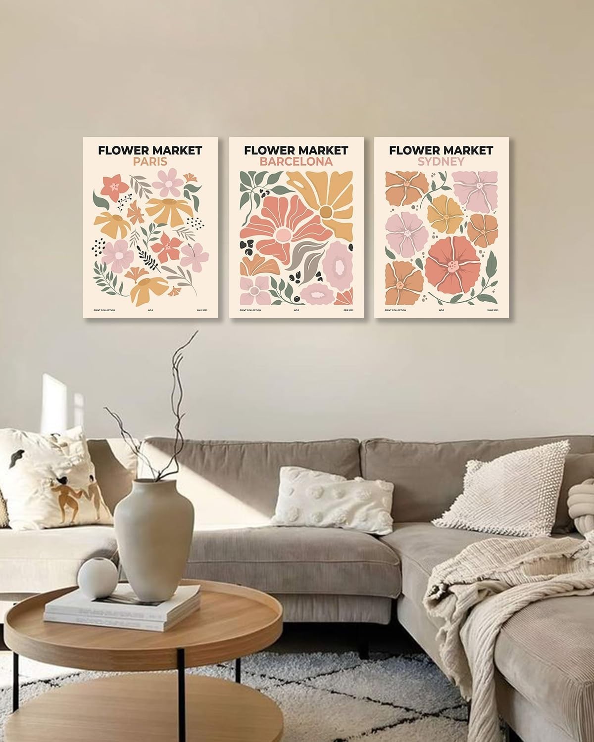 Framed Sage Green Boho Wall Art Set of 3 – Ready to Hang Canvas Prints