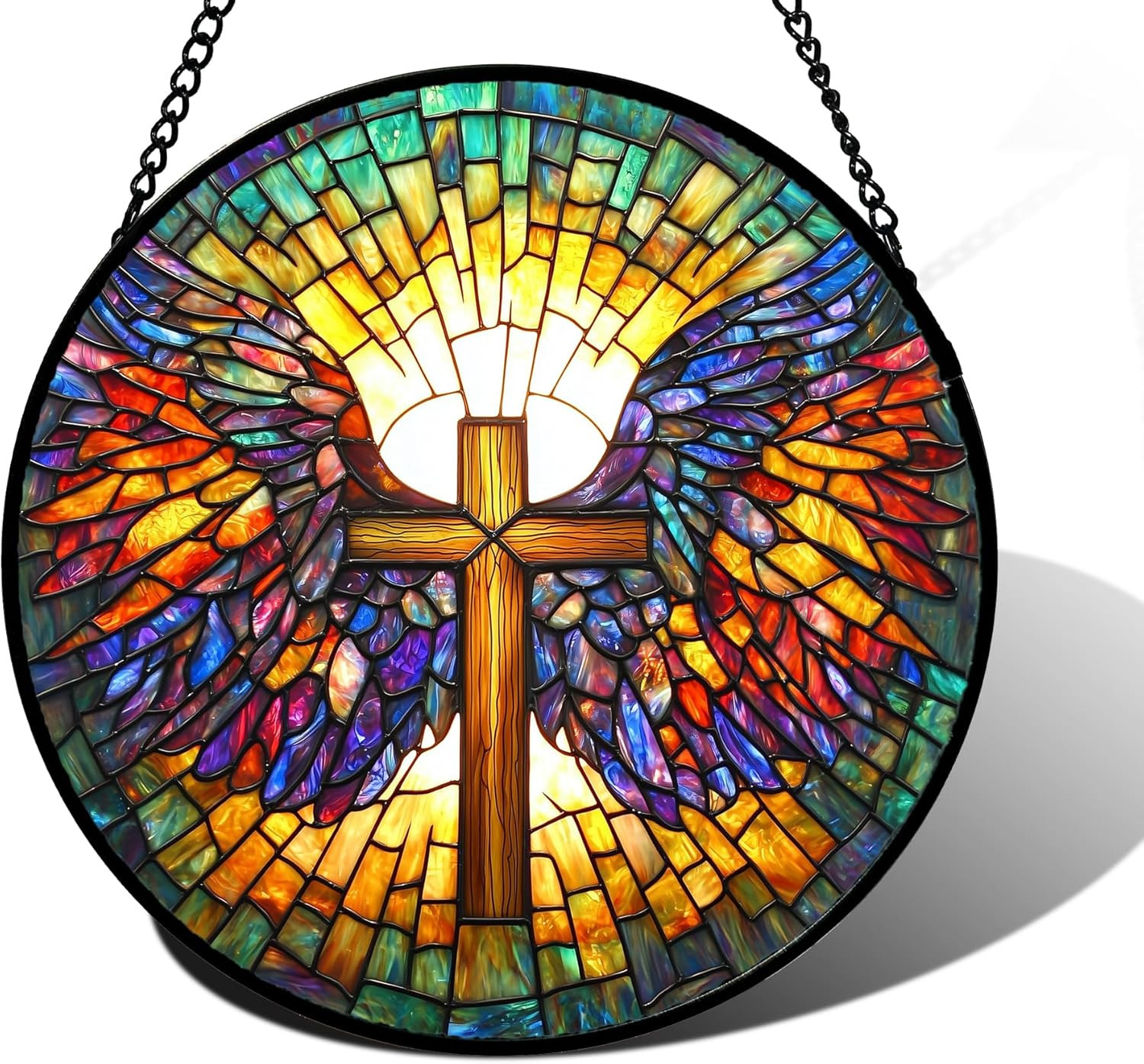 Stained Glass Window Hanging – Jesus Cross Wings Suncatcher Ready to Hang Window