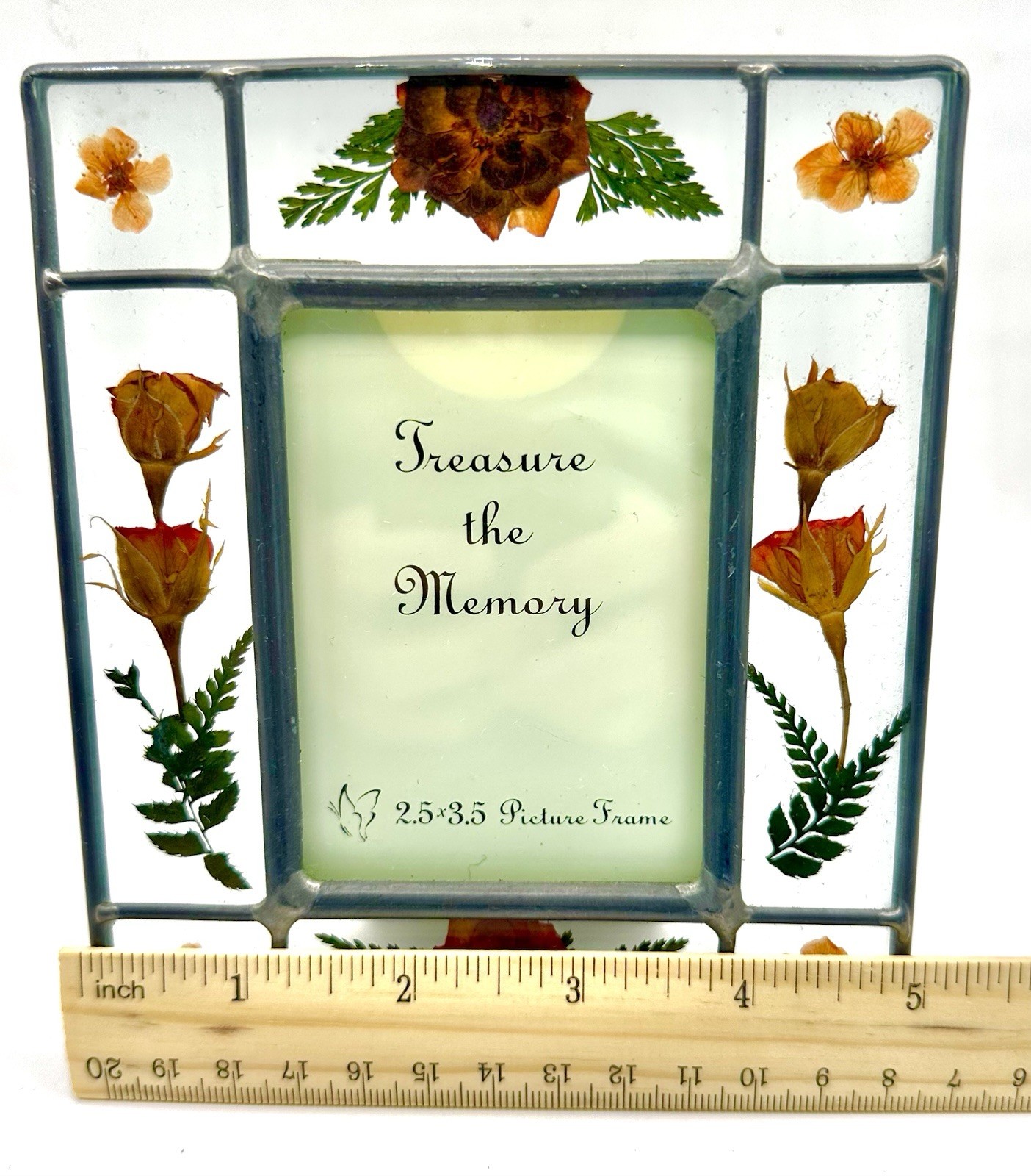 Vintage Pressed Flower Leaded Glass Picture Frame 2.5 in by 3.5 in (Wallet Size)