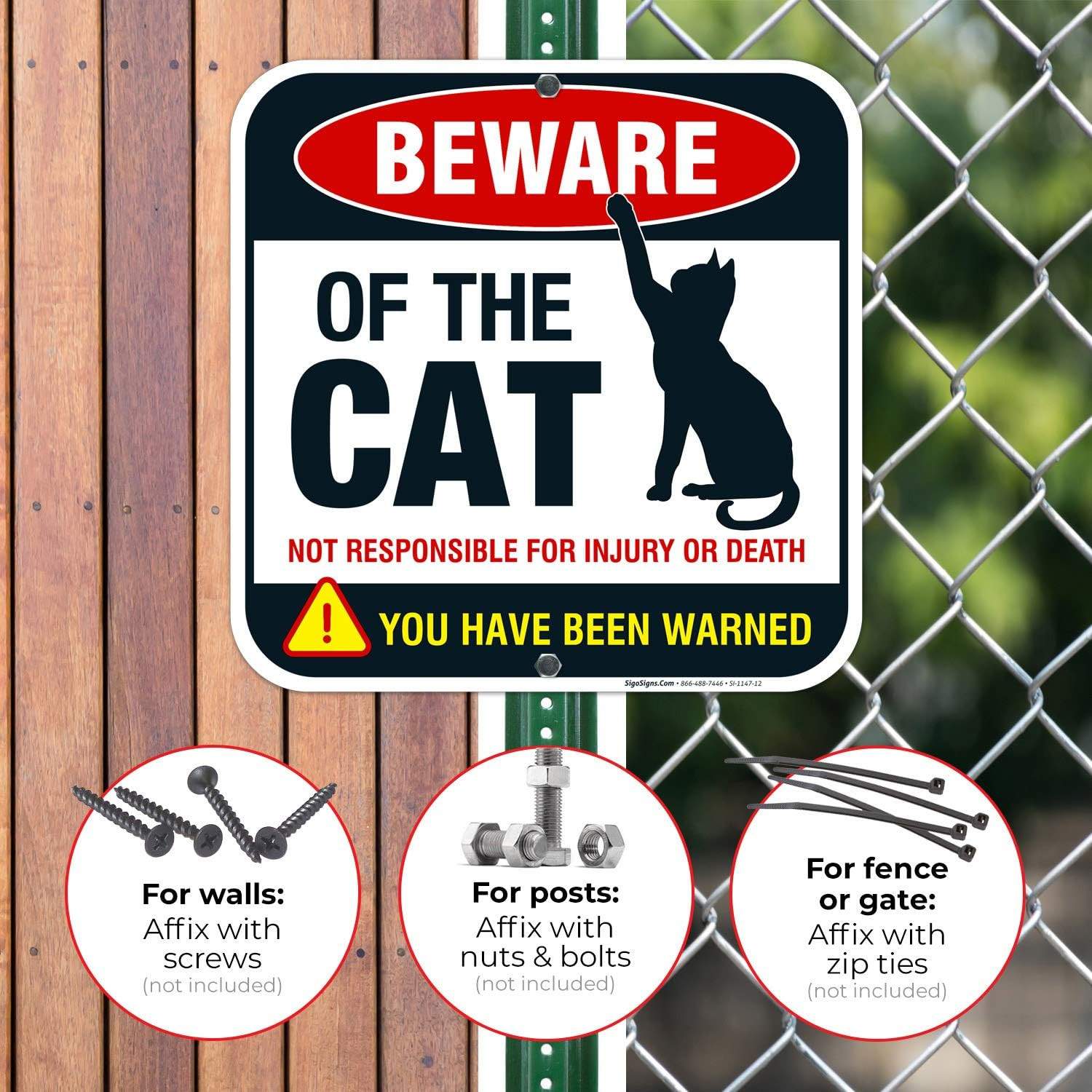 Beware of Cat Sign, Funny Attack Cat Sign, 12X12 Square Rust Free Aluminum,Weath