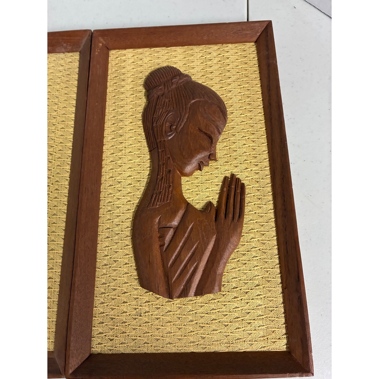 Vintage Mid Century Thai Wood Carved Wall Art Set 2 Praying Woman Mirrored