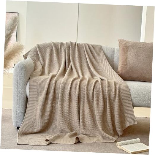 100% Cotton Throw Blanket, Solid Color Cable Knitted Throw 50×60″ Light Khaki