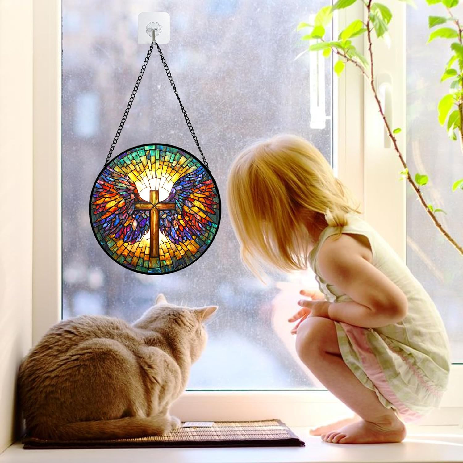 Stained Glass Window Hanging – Jesus Cross Wings Suncatcher Ready to Hang Window