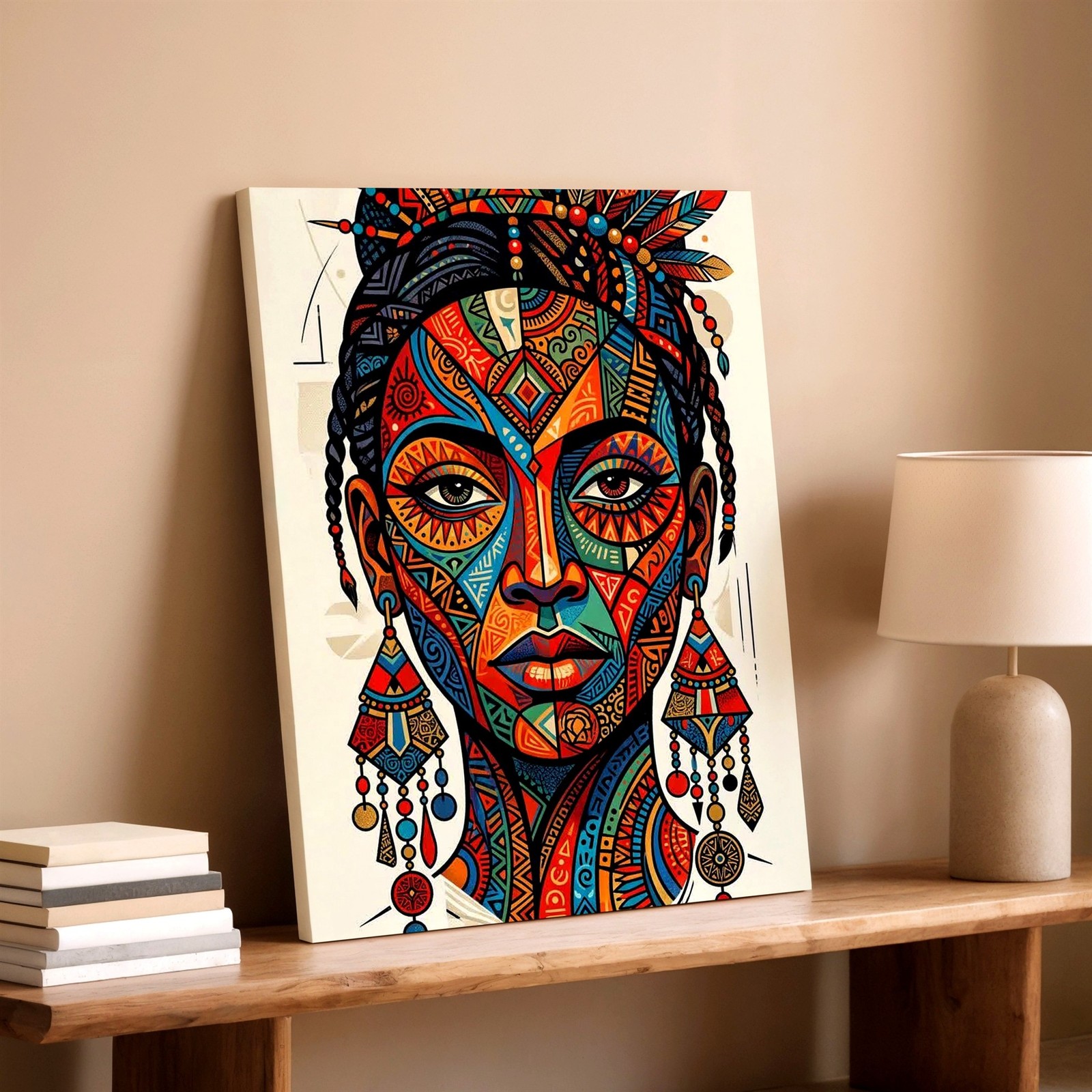 Wall Art Colorful Tribal Woman Portrait Print Boho Geometric Face Poster Decor