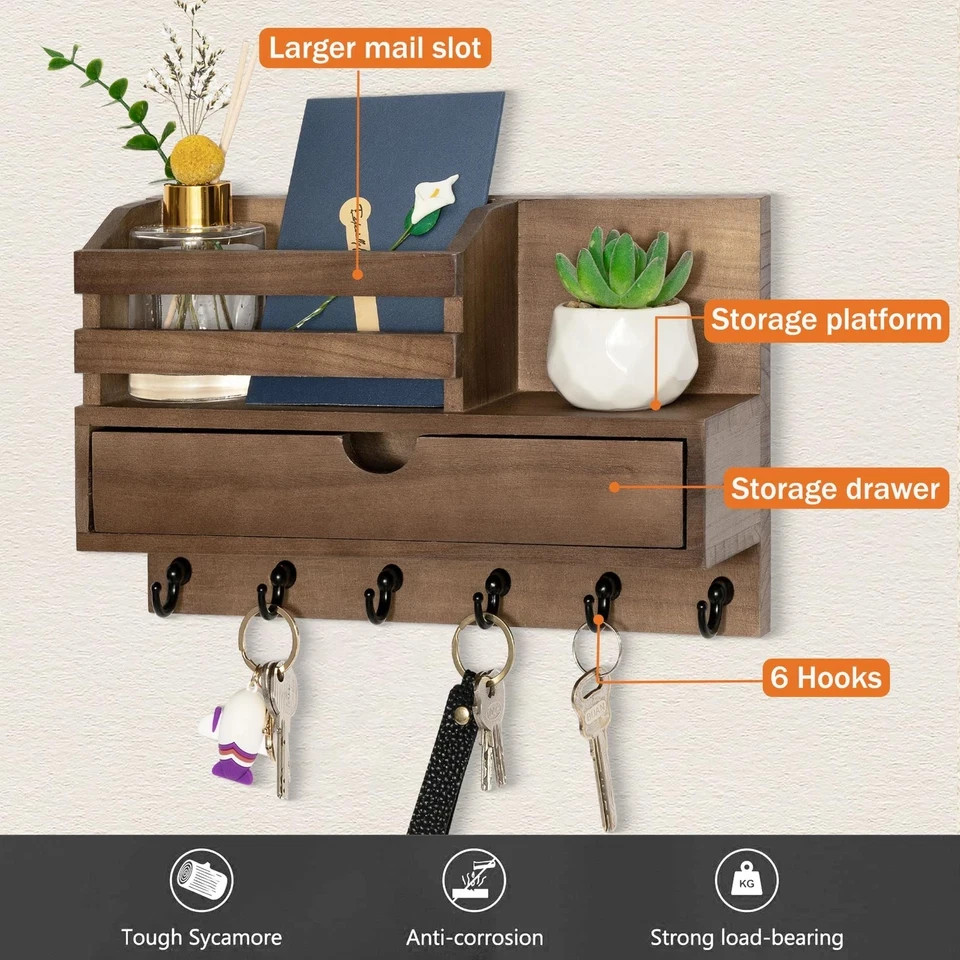 Key and Mail Holder for Wall, Mail Organizer Wall Mount with 6 Hooks and Storage