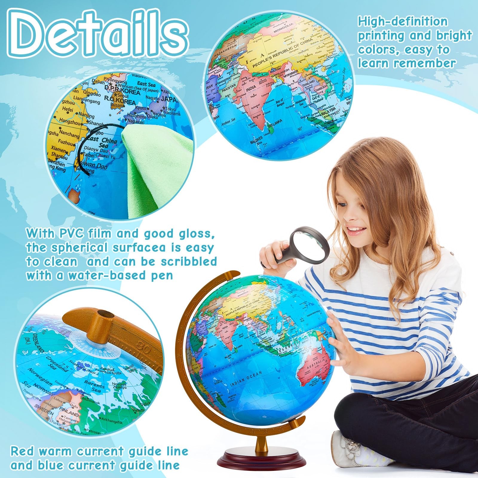13” Illuminated World Globe for Adults 720°/360° Rotation Rewritable Kids Li…