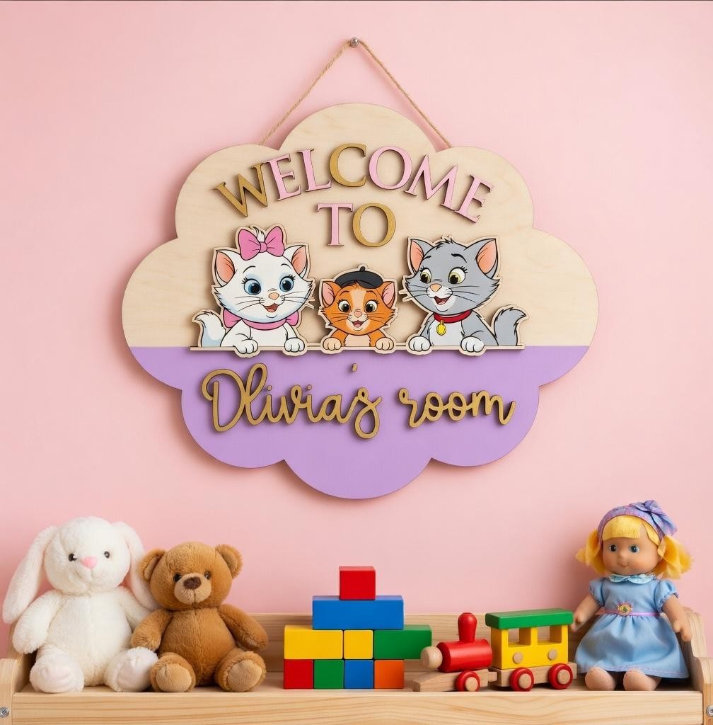 Personalized Cute Cat Name Sign Custom Kids Room Nursery Wooden Decor