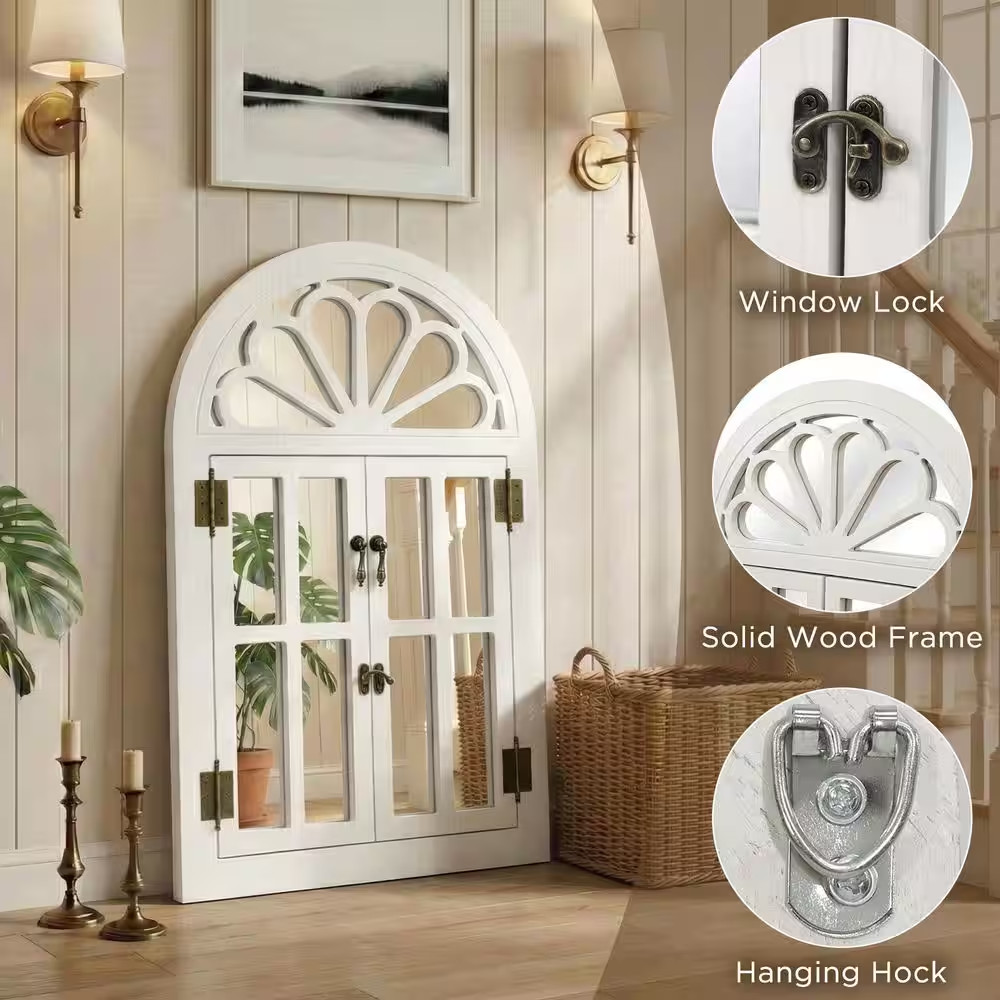 White 24 In. W X 36 In. H Solid Wood Arched Framed Windowpane Accent Mirror Wall