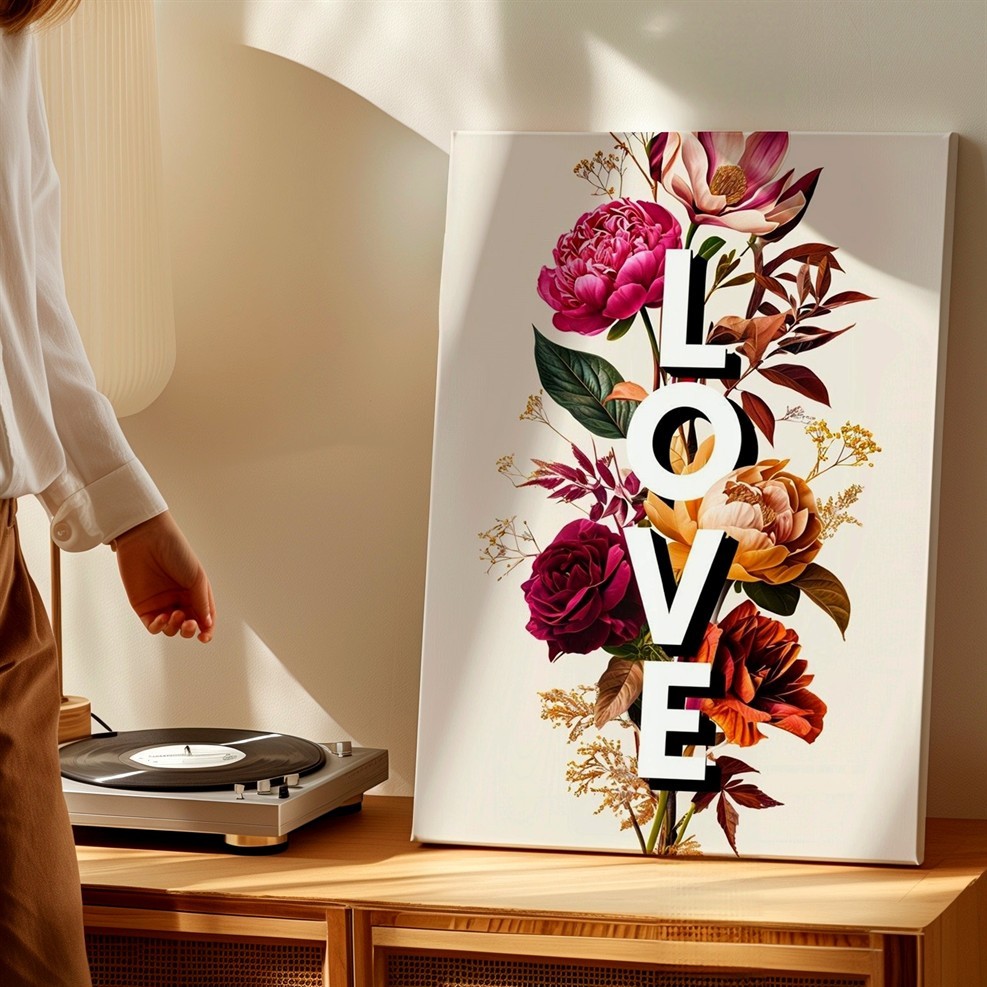 Wall Art Floral LOVE Typography Print Pink Peony Rose Bouquet Botanical Decor