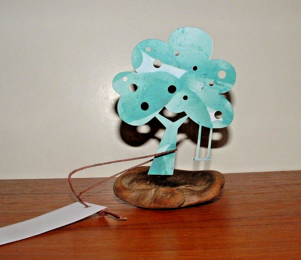 Apple Tree w/ Swing Paper Sculpture Card on Driftwood, Green Shades, w/ Gift Tag
