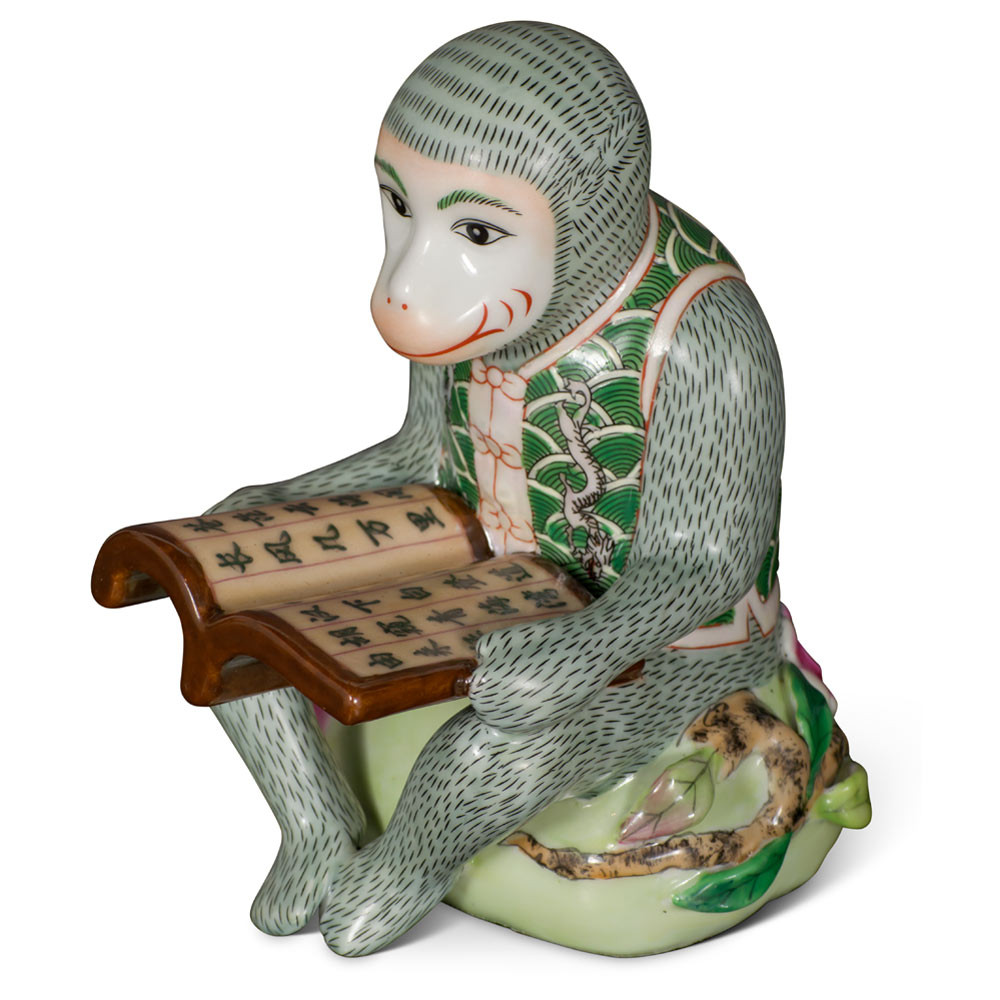US SELLER – Green Porcelain Monkey Reading Book Figurine