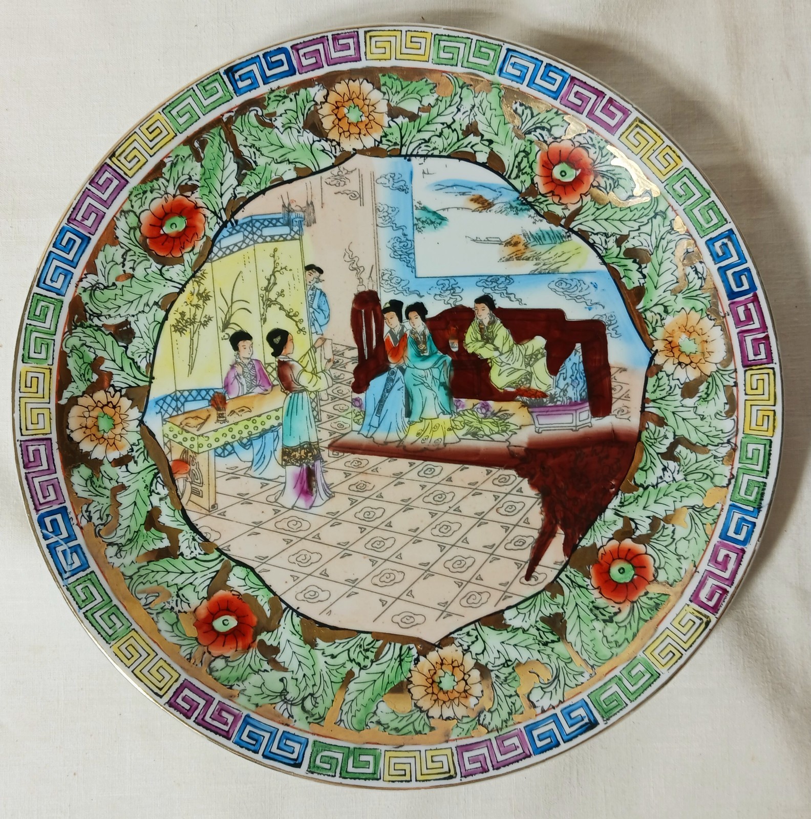 Vintage 10″ GEISHA Floral Plate Zhongguo Zhi Zao Porcelain Hand-painted China