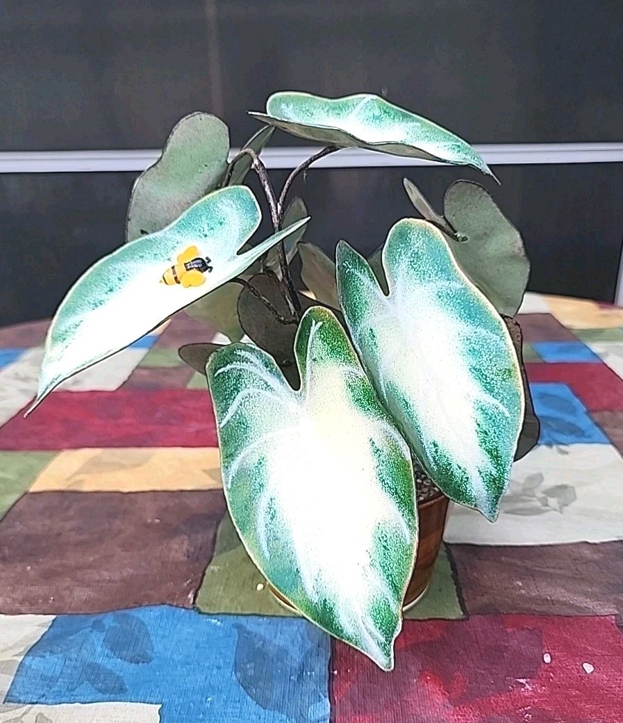 Vintage Enameled Metal Faux Variegated Alocasia Plant W Glazed Brown Pot *READ*