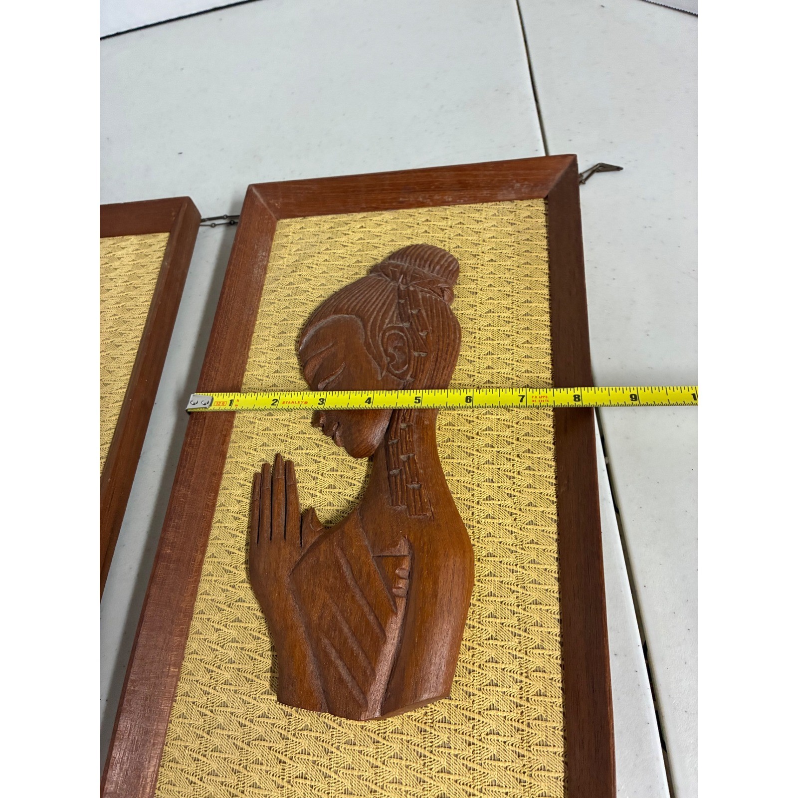 Vintage Mid Century Thai Wood Carved Wall Art Set 2 Praying Woman Mirrored