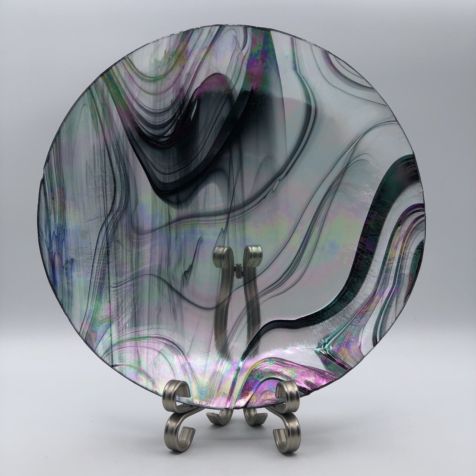 Iridescent Opalescent (Oil Slick) Glass Charger/Platter With Silver Metal Stand