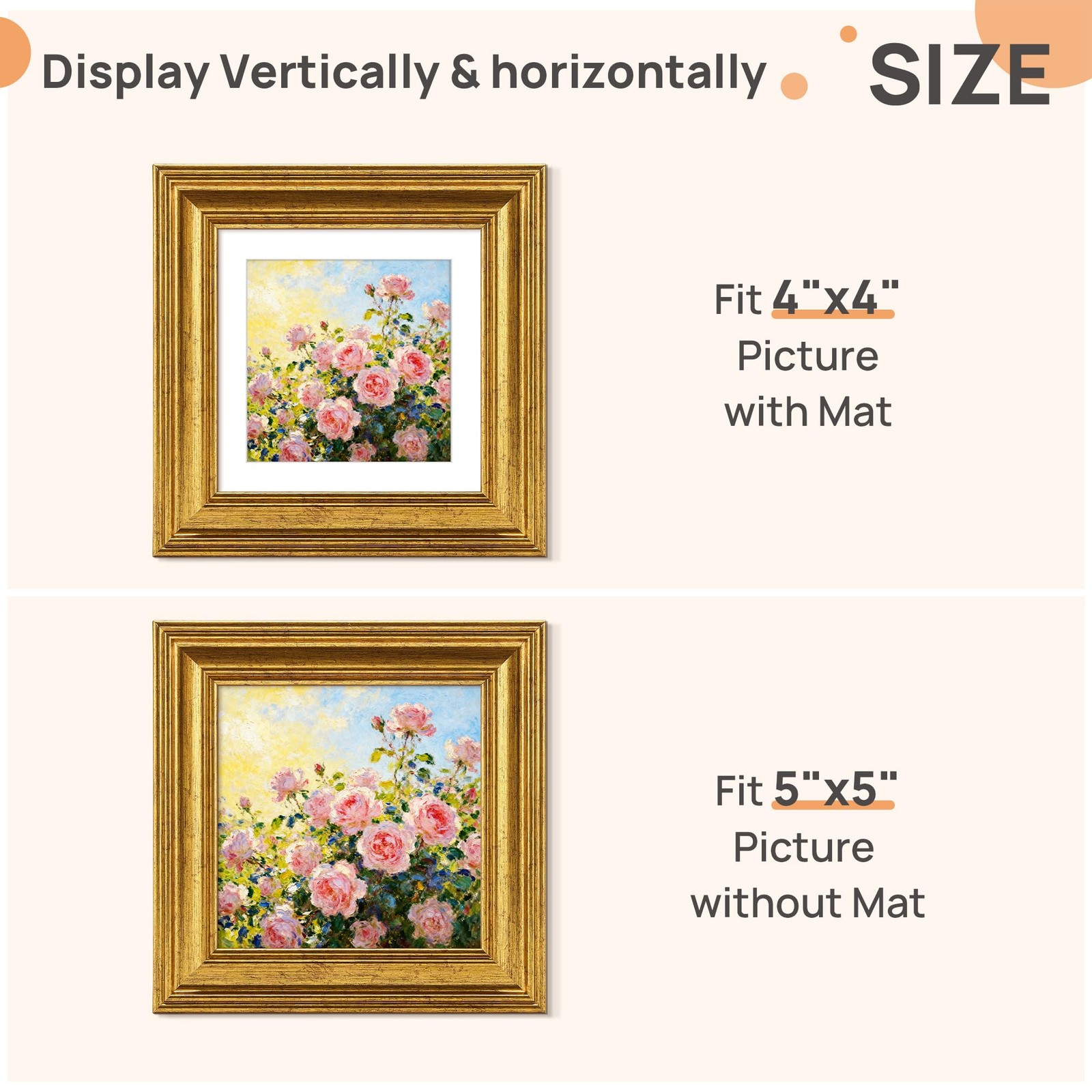 Vintage 5×5 Picture Frame, Antique Gold Frames Display 4×4 with Mat or 5 x 5 …
