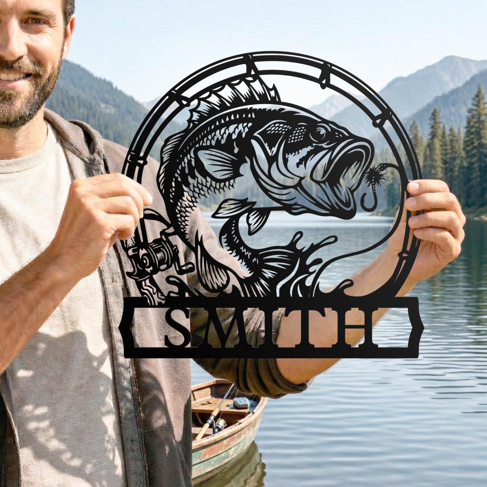 Personalized Bass Fish Metal Sign with Custom Name for Fishing Wall Decor
