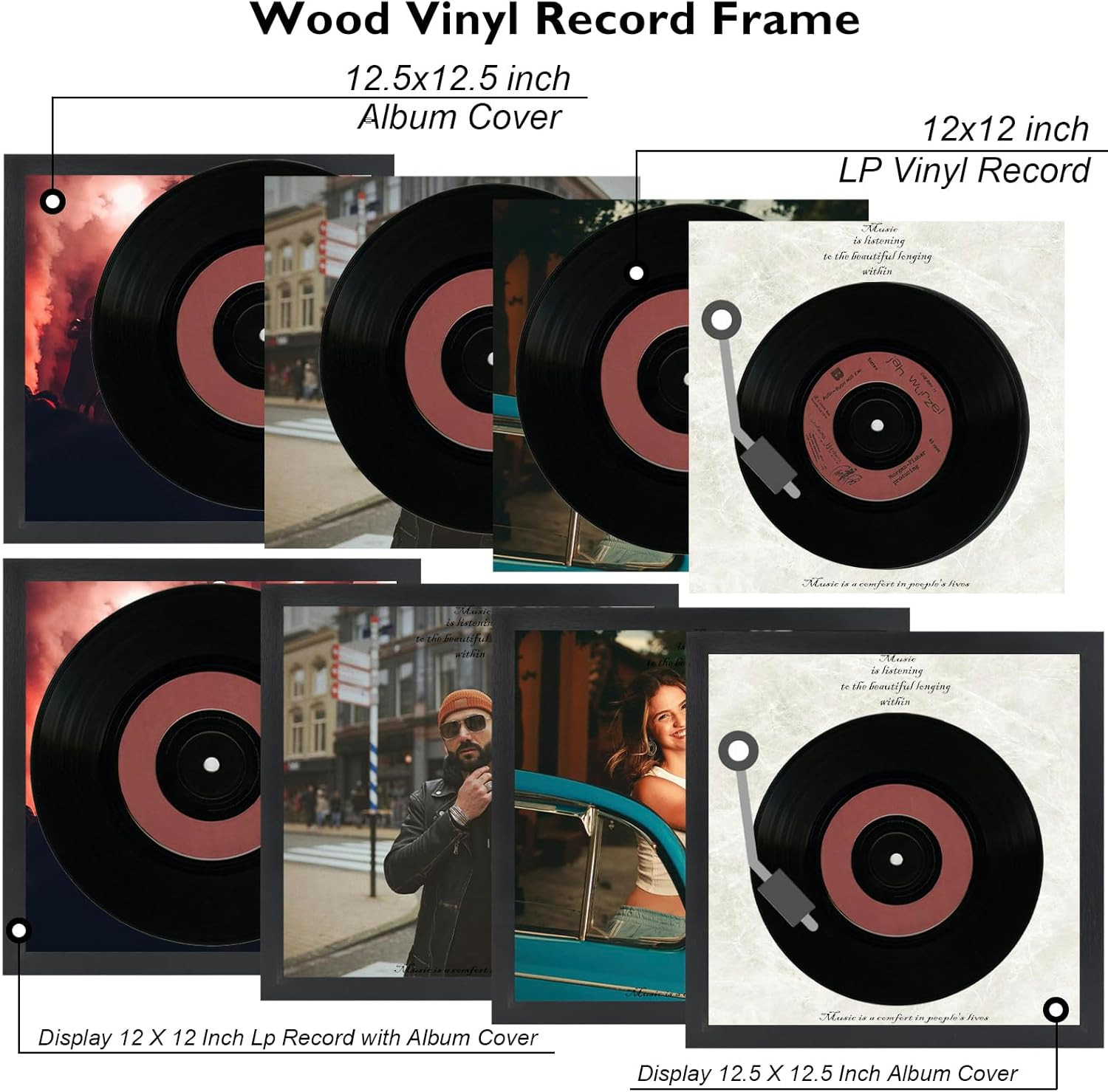 5 Pack Vinyl Record Frames 12×12 LP Album Cover Wall Display 12.5×12.5 Black